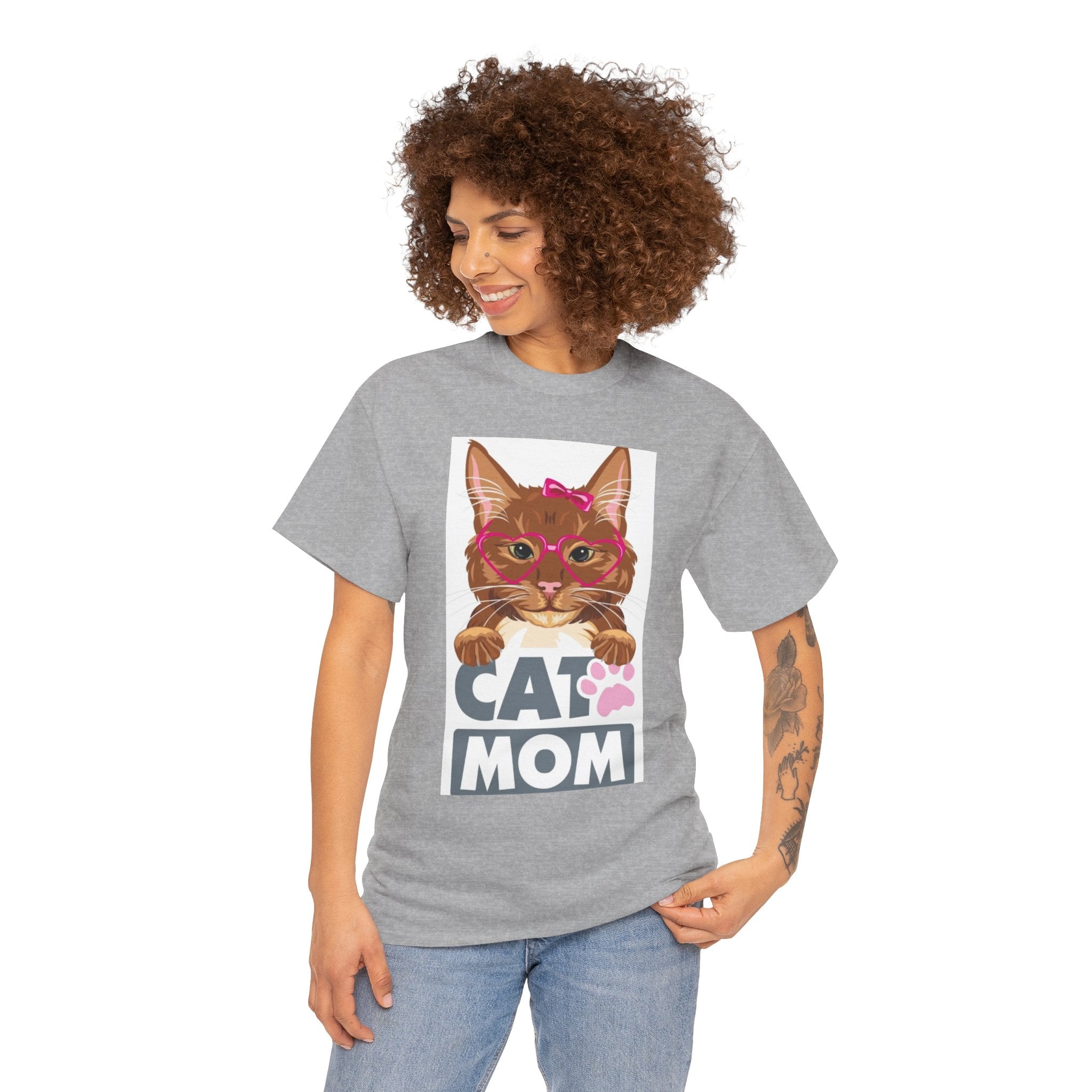 Cat Mom T-Shirt — Cute Cat Face Graphic Tee with "CAT MOM" Paw Print