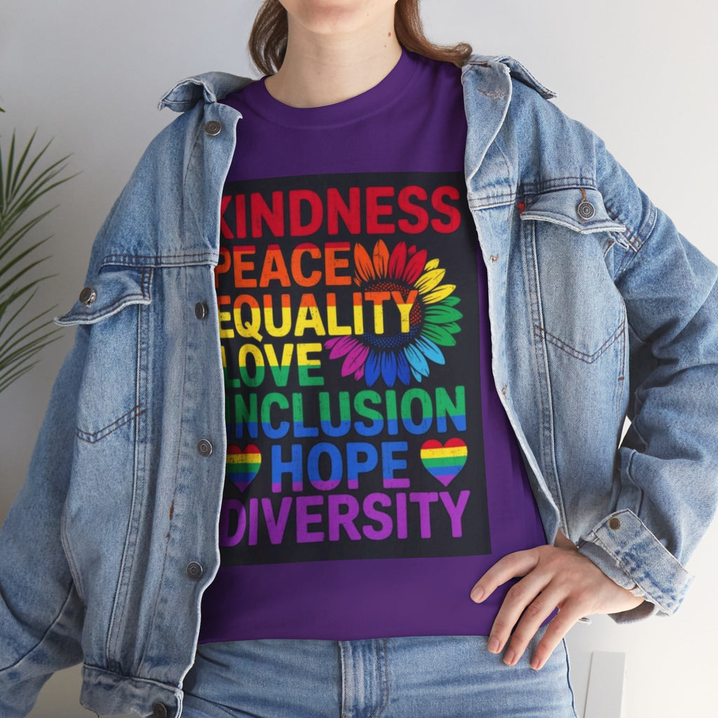 Kindness Peace Equality Rainbow T-Shirt — Pride Inclusion & Diversity Tee