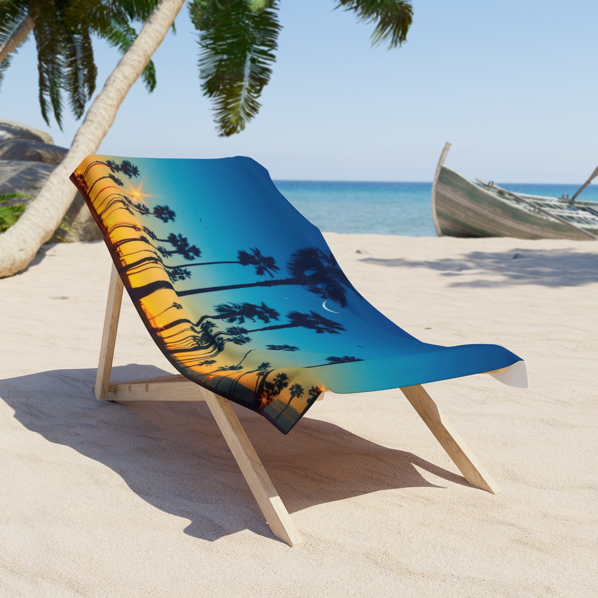 Sunset Palm Beach Towel – Tropical Crescent Moon Design