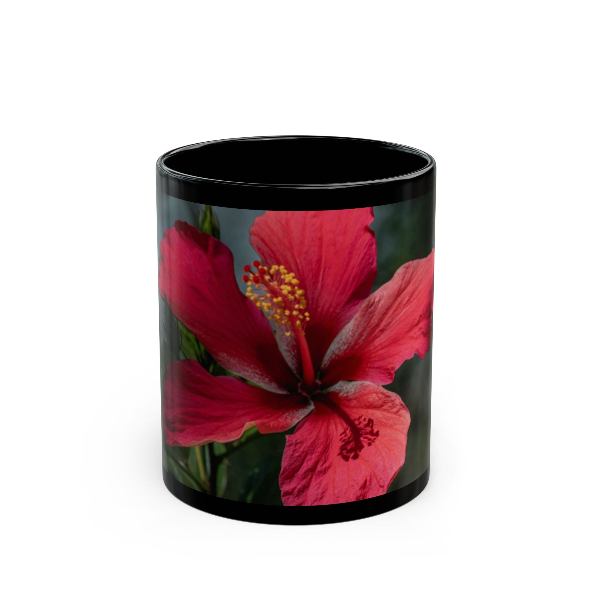 Hibiscus Floral Black Mug - Tropical Red Flower Coffee Cup (11oz/15oz)