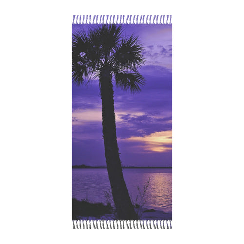 Boho Palm Sunset Beach Towel — Purple Tropical Fringe Throw