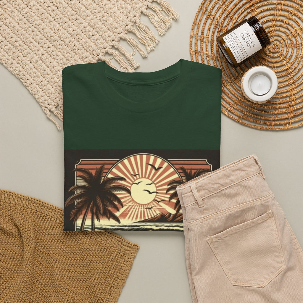 Retro Tropical Beach T-Shirt — Vintage Palm Sunset Graphic Tee