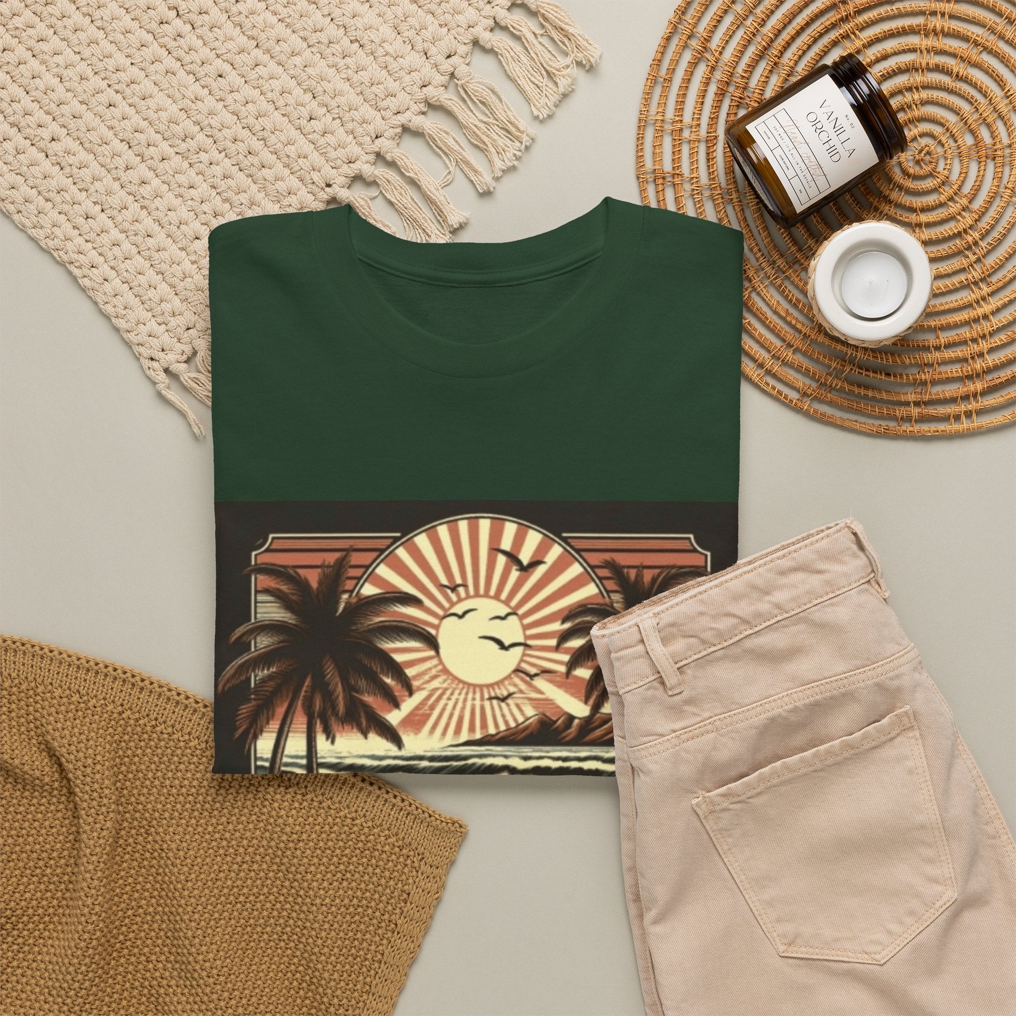 Retro Tropical Beach T-Shirt — Vintage Palm Sunset Graphic Tee