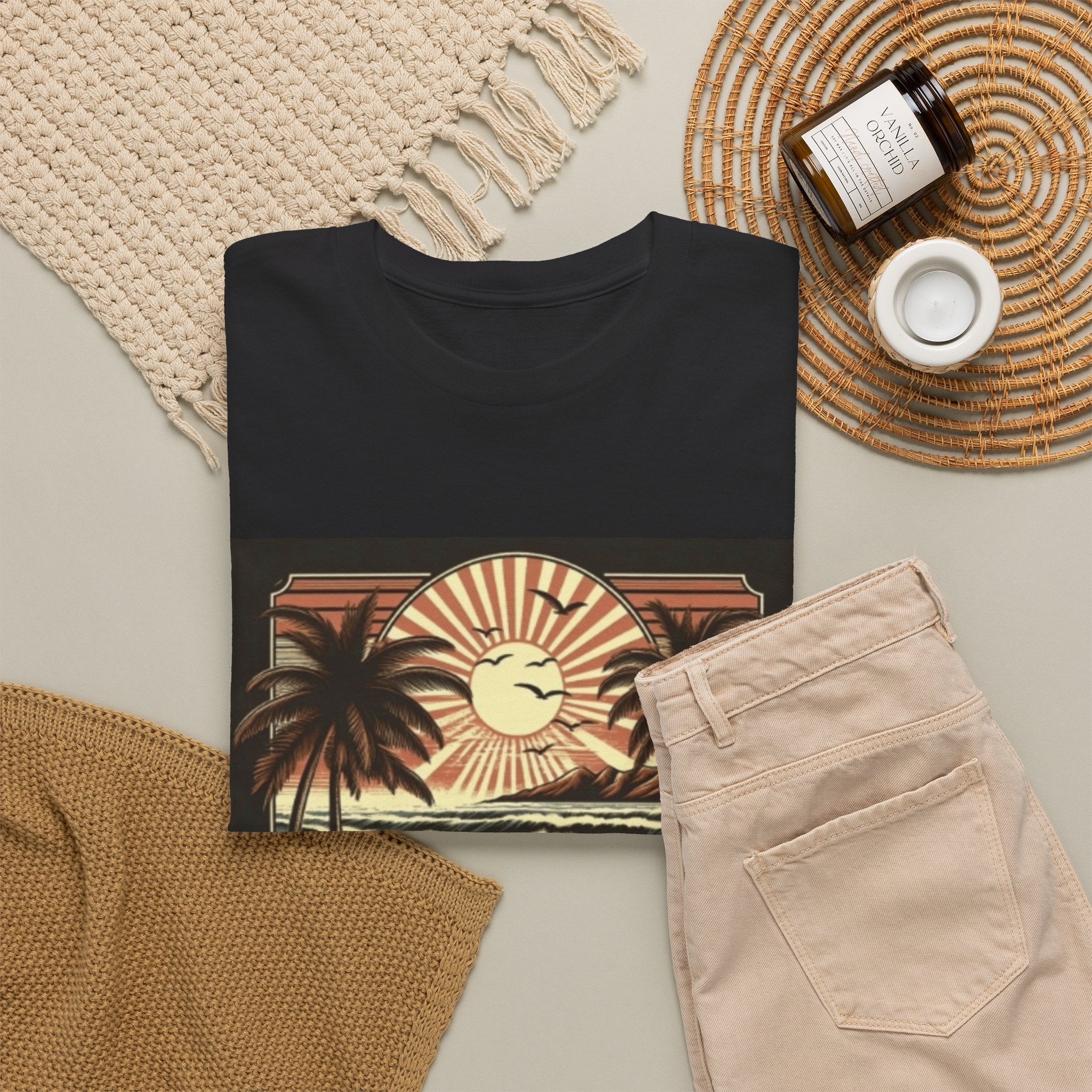 Retro Tropical Beach T-Shirt — Vintage Palm Sunset Graphic Tee