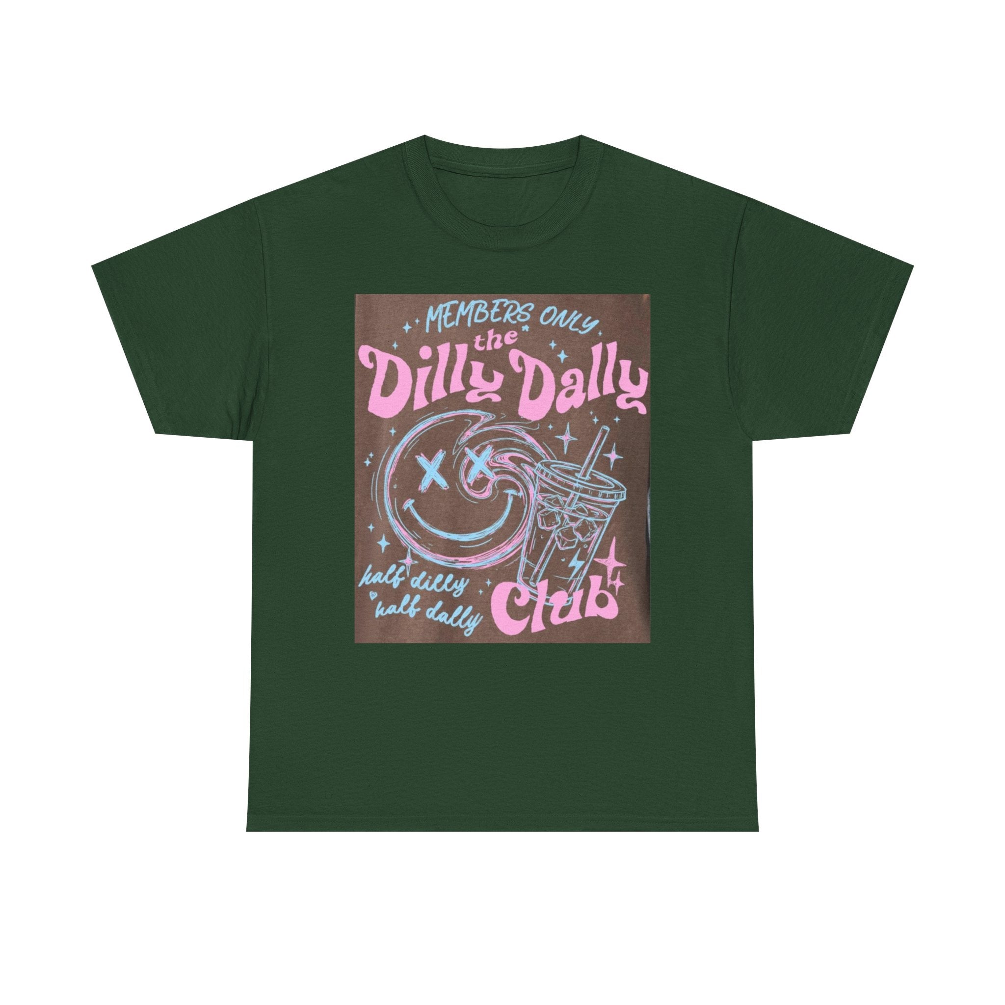 Dilly Dally Club Graphic Tee — Retro Pastel Drink & Moon Design