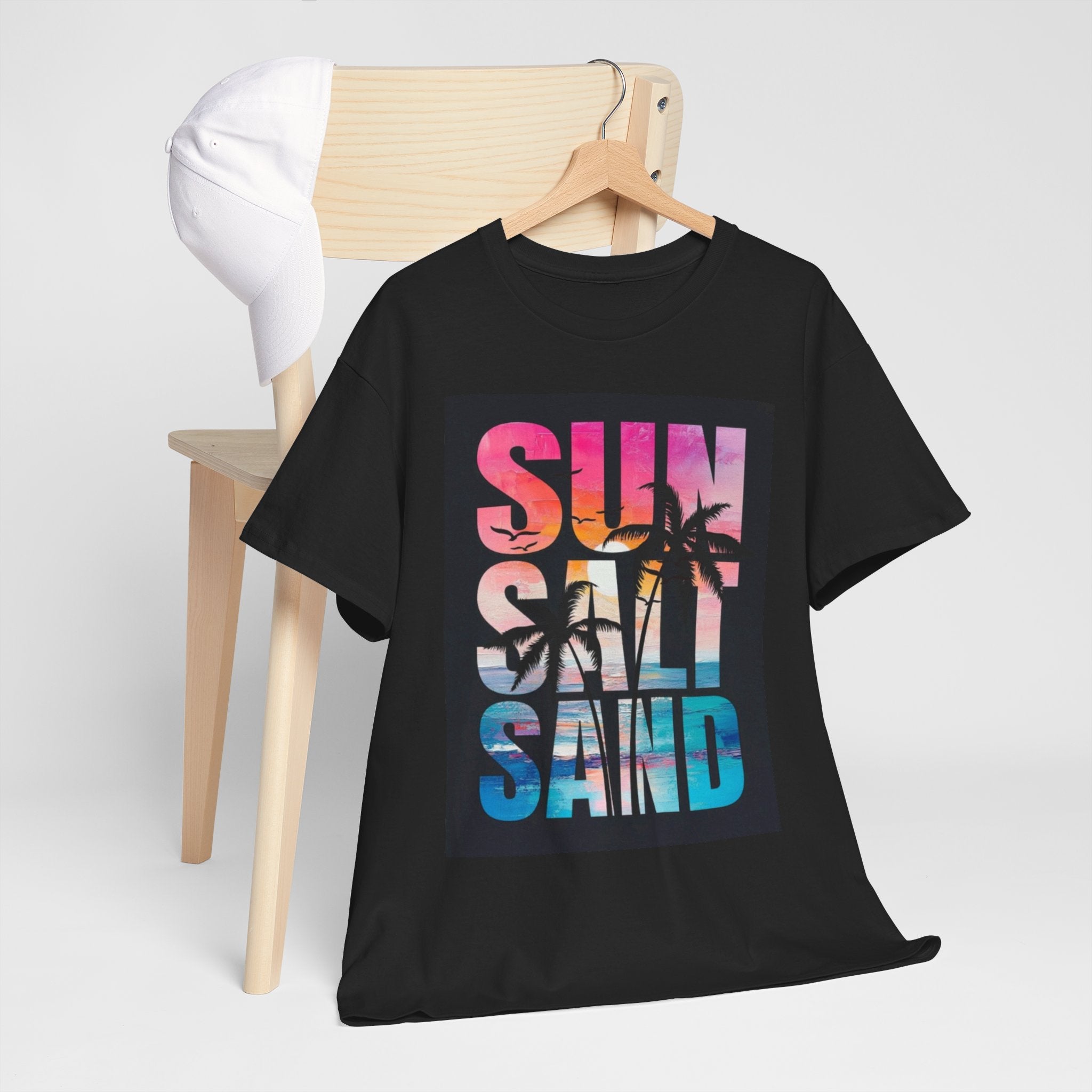 Sun Salt Sand Beach T-Shirt — Tropical Palm Sunset Graphic Tee