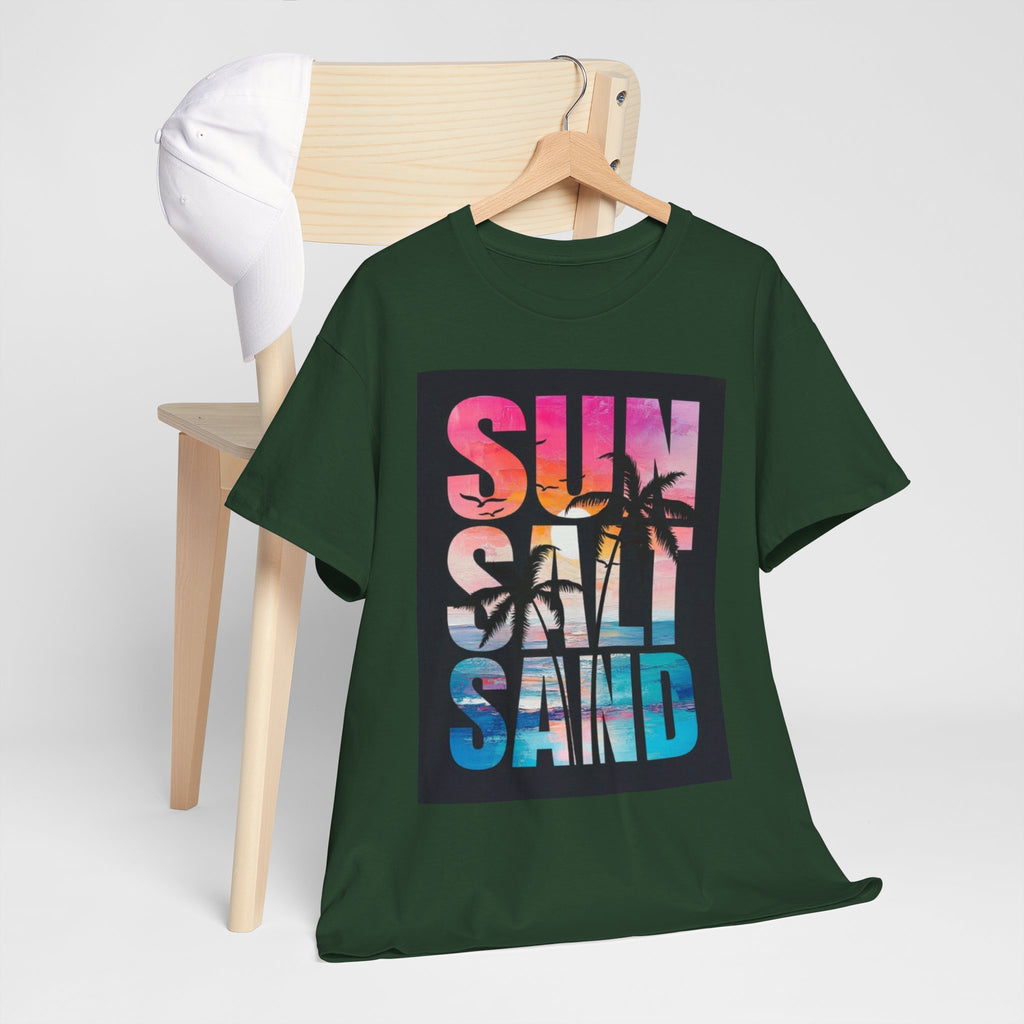 Sun Salt Sand Beach T-Shirt — Tropical Palm Sunset Graphic Tee