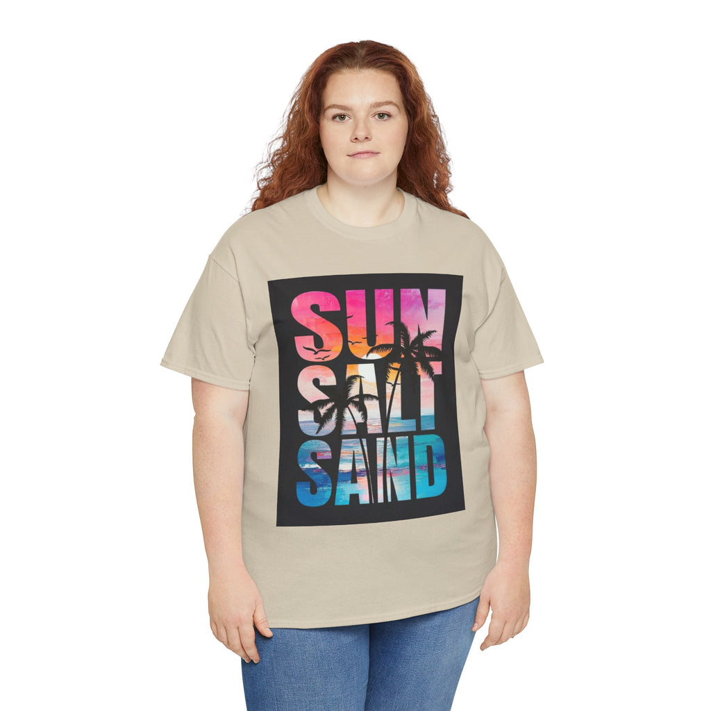 Sun Salt Sand Beach T-Shirt — Tropical Palm Sunset Graphic Tee