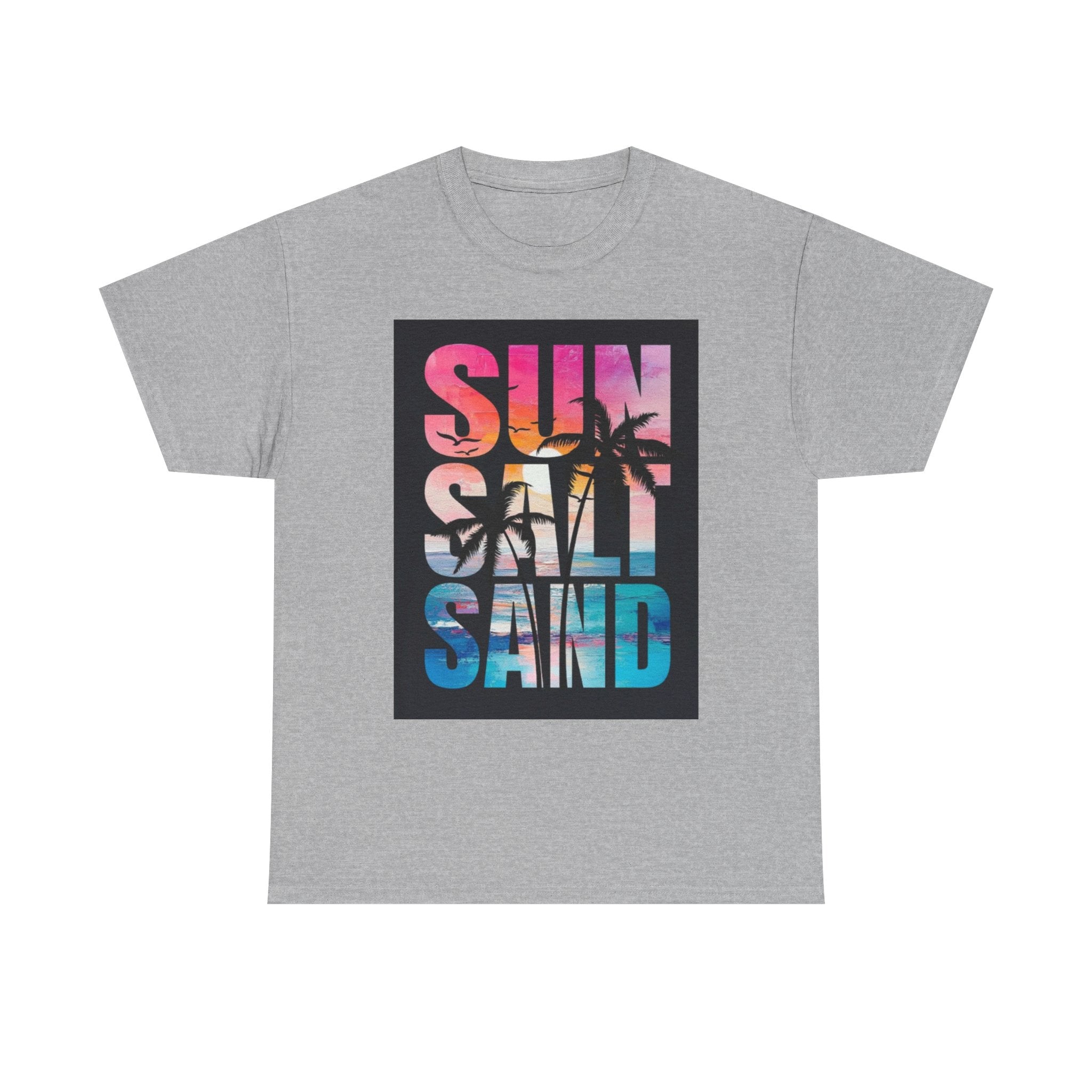 Sun Salt Sand Beach T-Shirt — Tropical Palm Sunset Graphic Tee