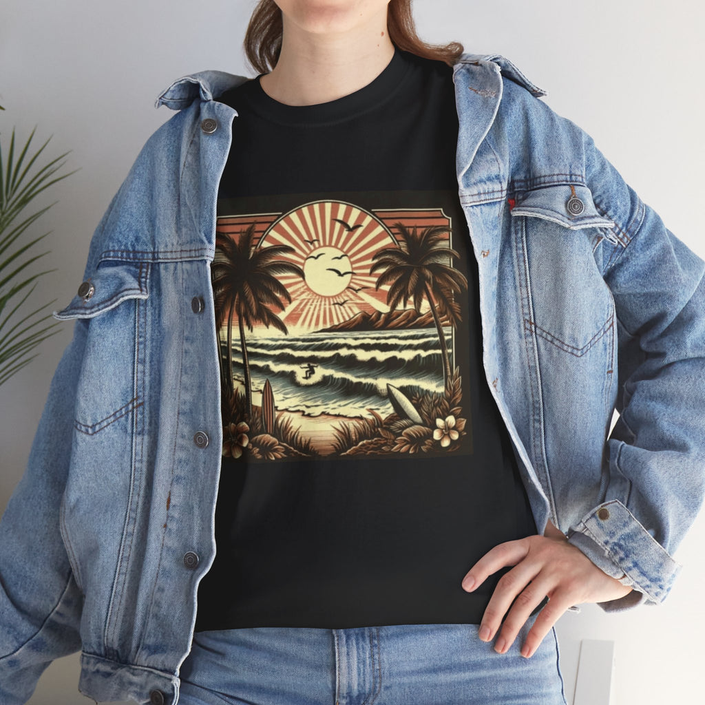 Retro Tropical Beach T-Shirt — Vintage Palm Sunset Graphic Tee