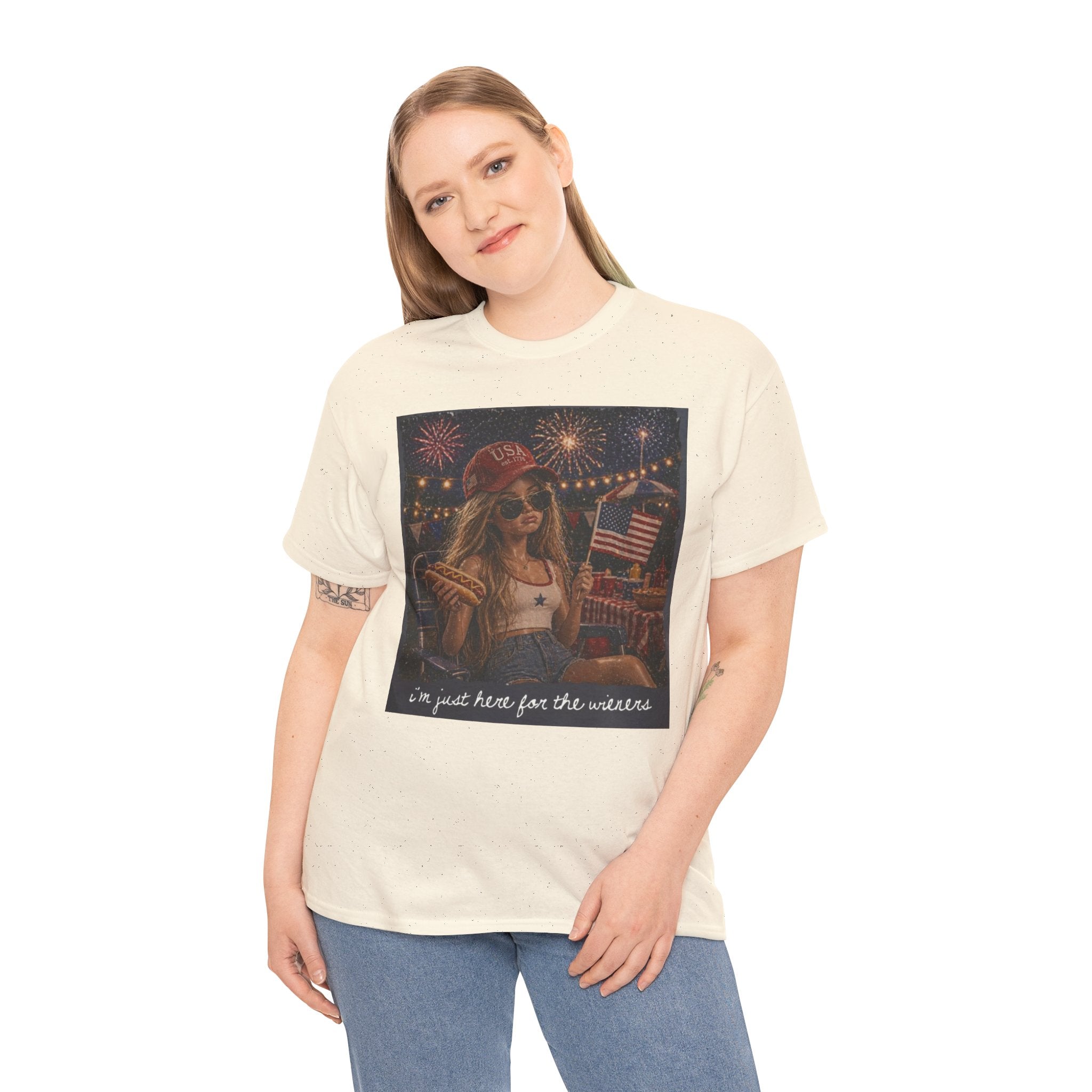 Patriotic Girl Graphic Tee — "I'm Just Here for the Fireworks" 4th of July Shirt