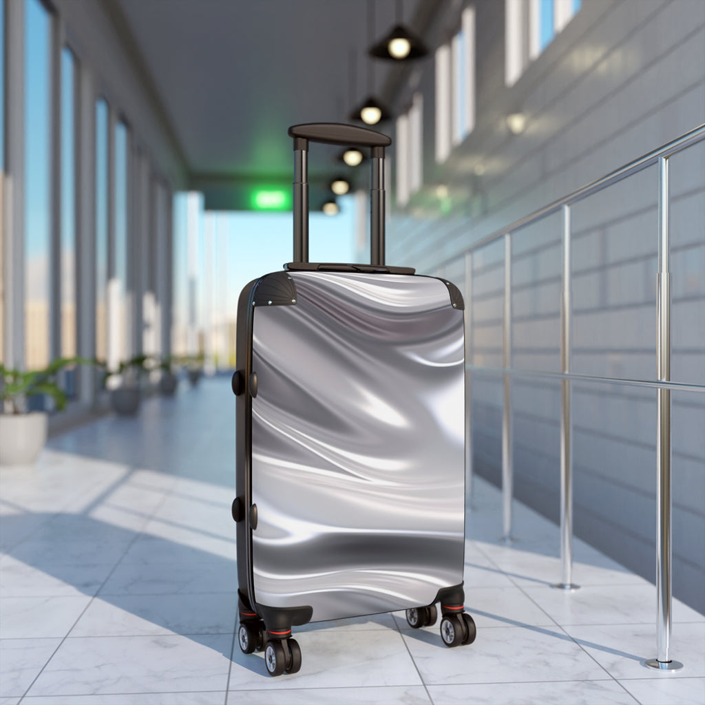 Silver Satin Travel Suitcase – Metallic Marble Carry-On Luggage