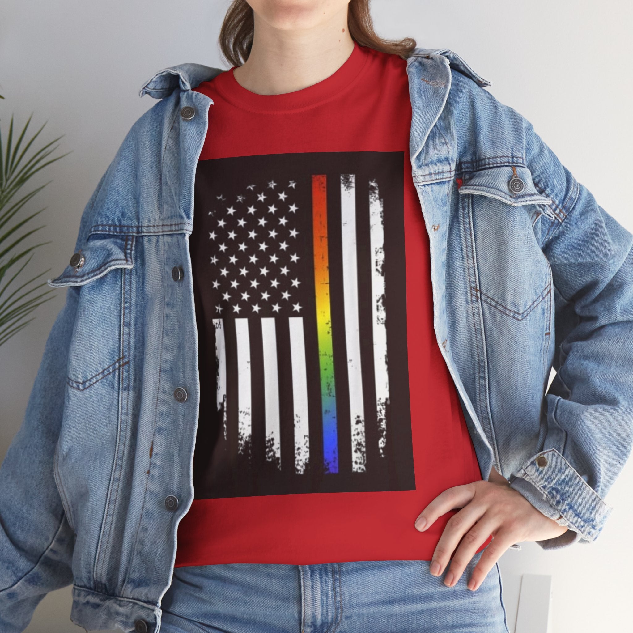 LGBTQ+ Pride Flag T‑Shirt — Distressed American Flag with Rainbow Stripe