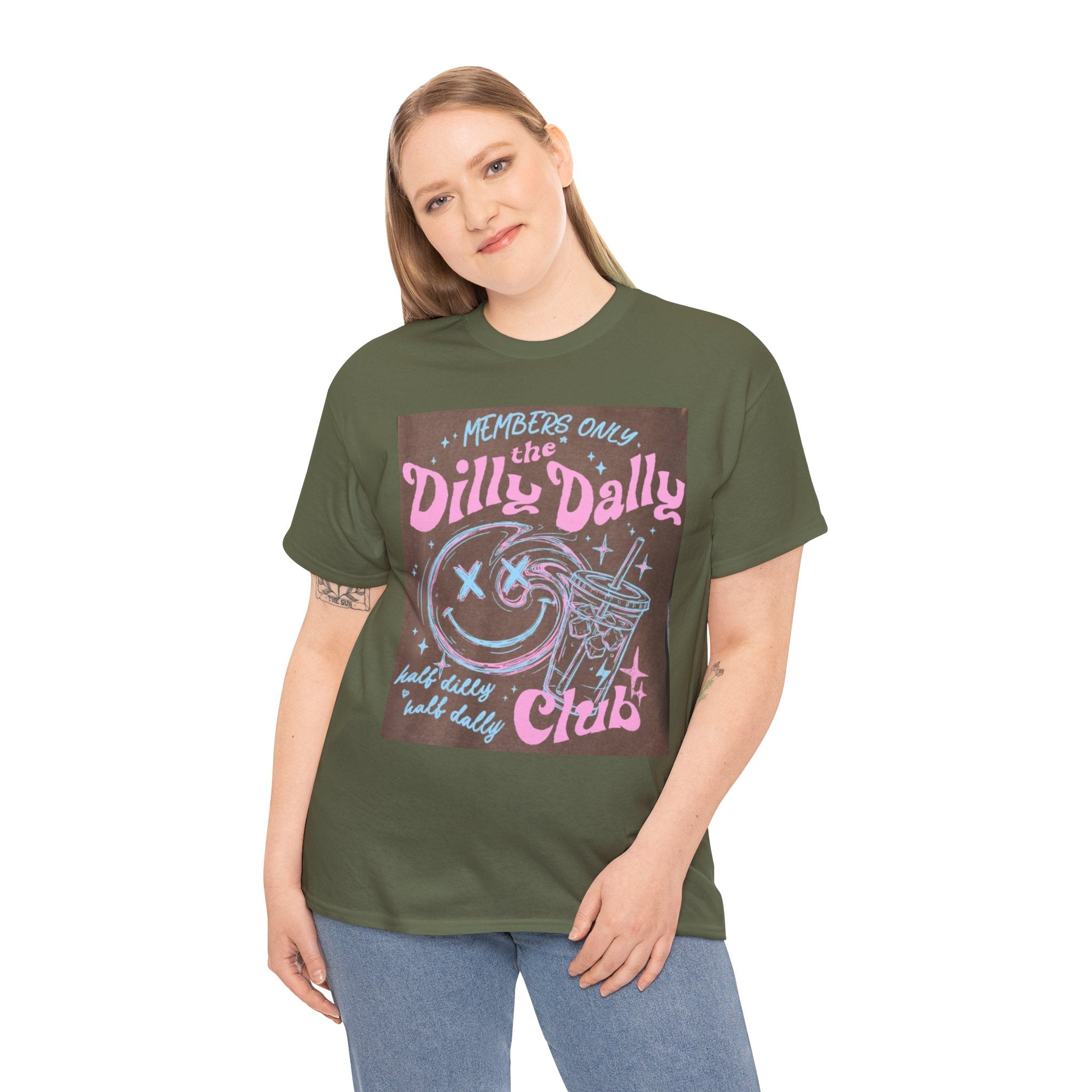 Dilly Dally Club Graphic Tee — Retro Pastel Drink & Moon Design