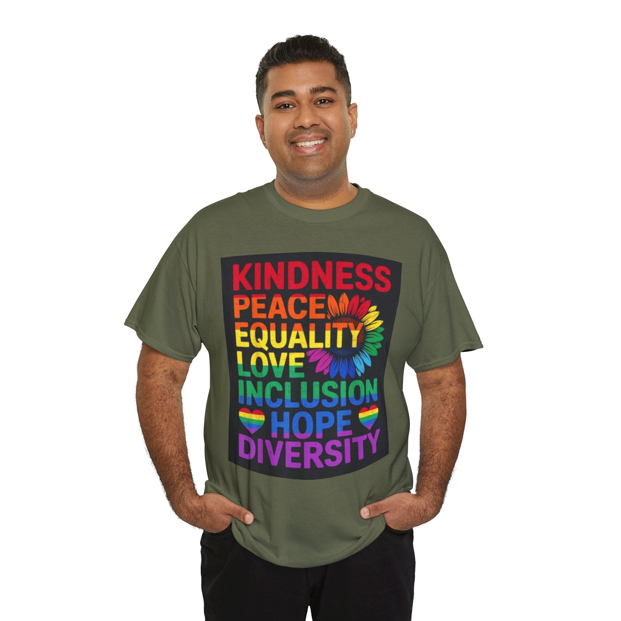 Kindness Peace Equality Rainbow T-Shirt — Pride Inclusion & Diversity Tee