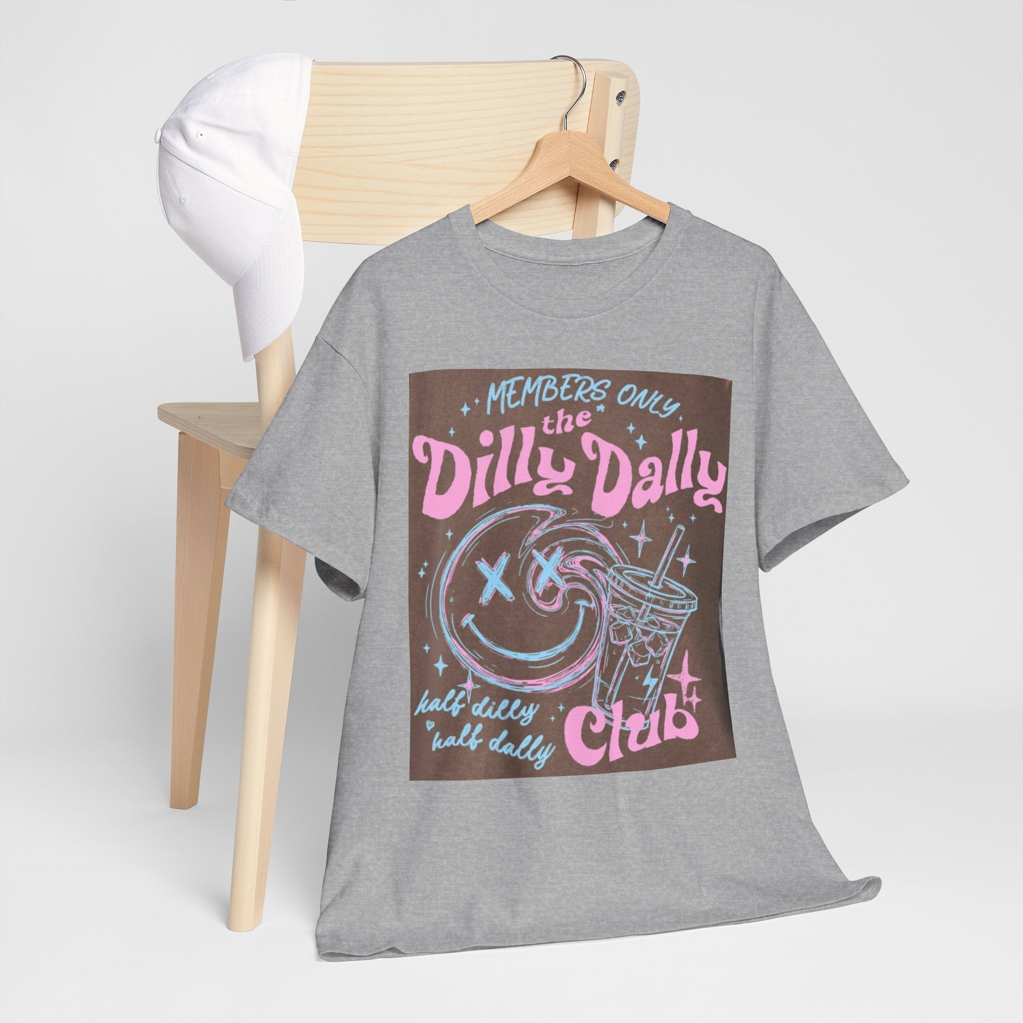 Dilly Dally Club Graphic Tee — Retro Pastel Drink & Moon Design