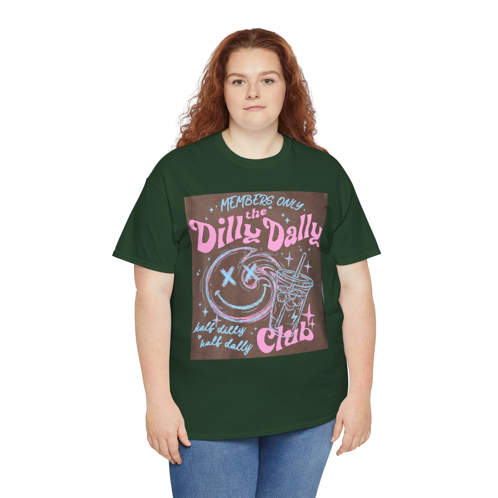 Dilly Dally Club Graphic Tee — Retro Pastel Drink & Moon Design