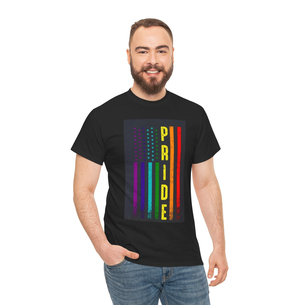 Pride Rainbow Flag Tee — Vertical "PRIDE" Graphic T-Shirt
