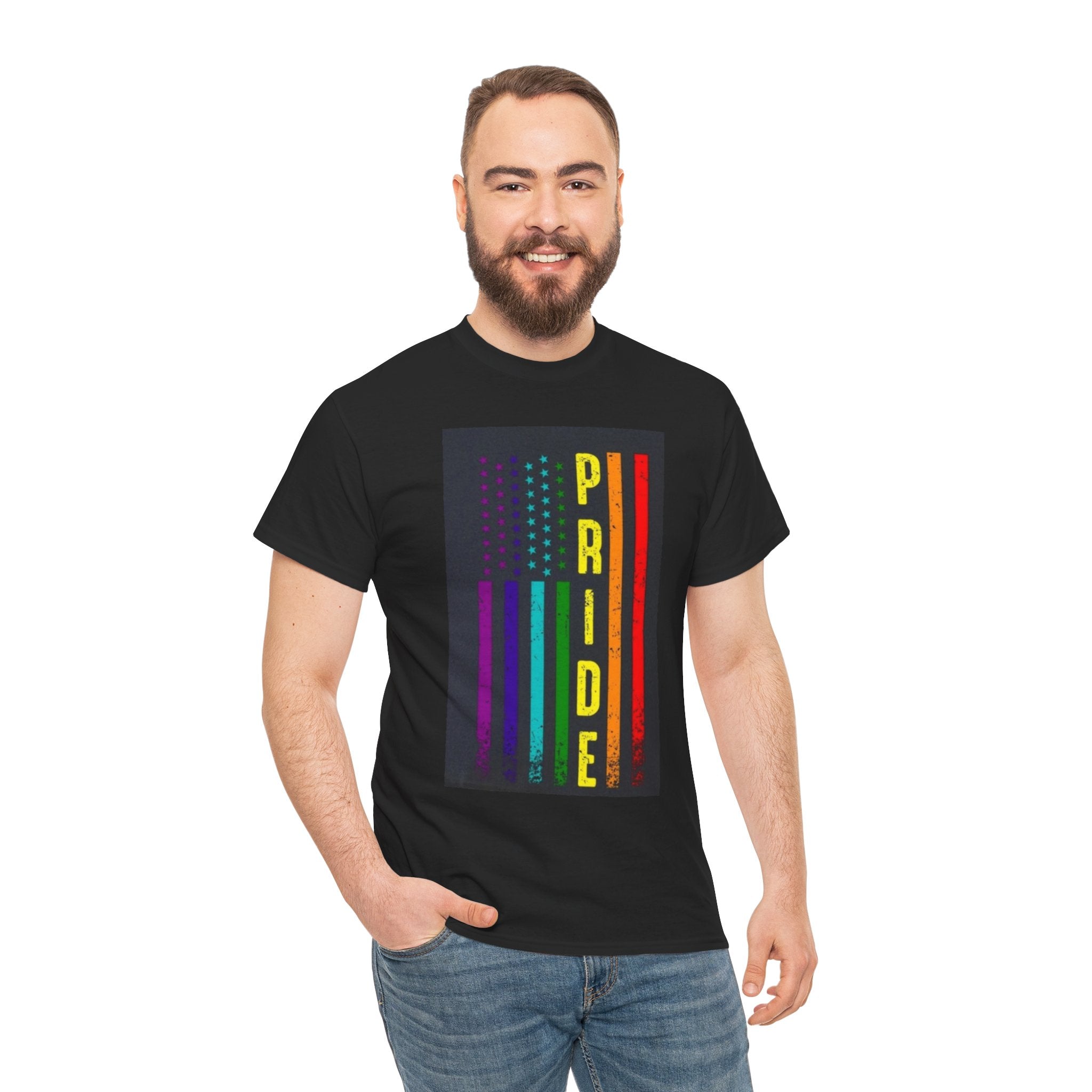 Pride Rainbow Flag Tee — Vertical "PRIDE" Graphic T-Shirt