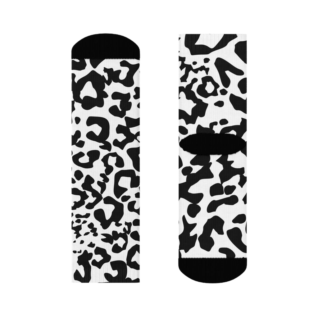 Monochrome Leopard Print Crew Socks — Black & White Animal Pattern