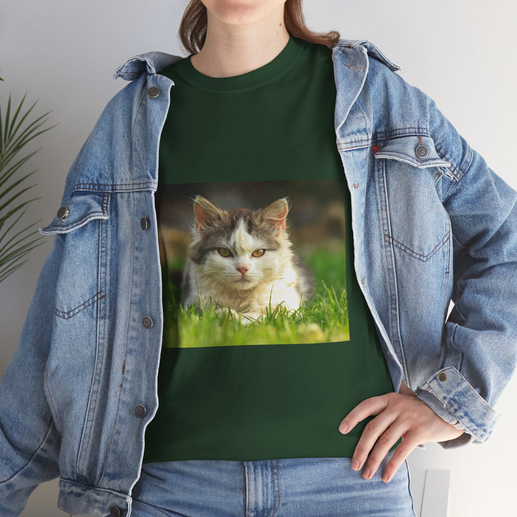 Cat Photo Tee — Relaxed Cat Lying in Grass T-Shirt