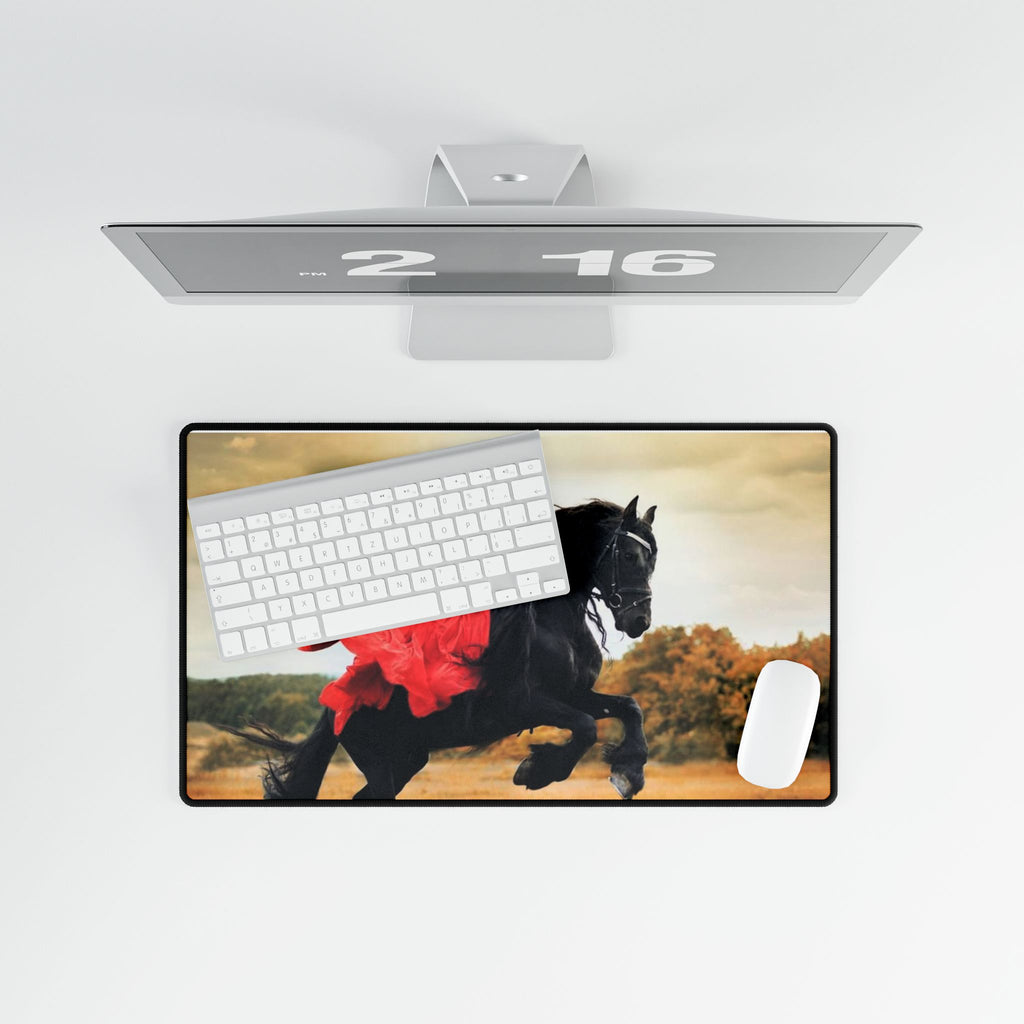 Equestrian Fantasy Desk Mat — Woman in Red on Black Stallion