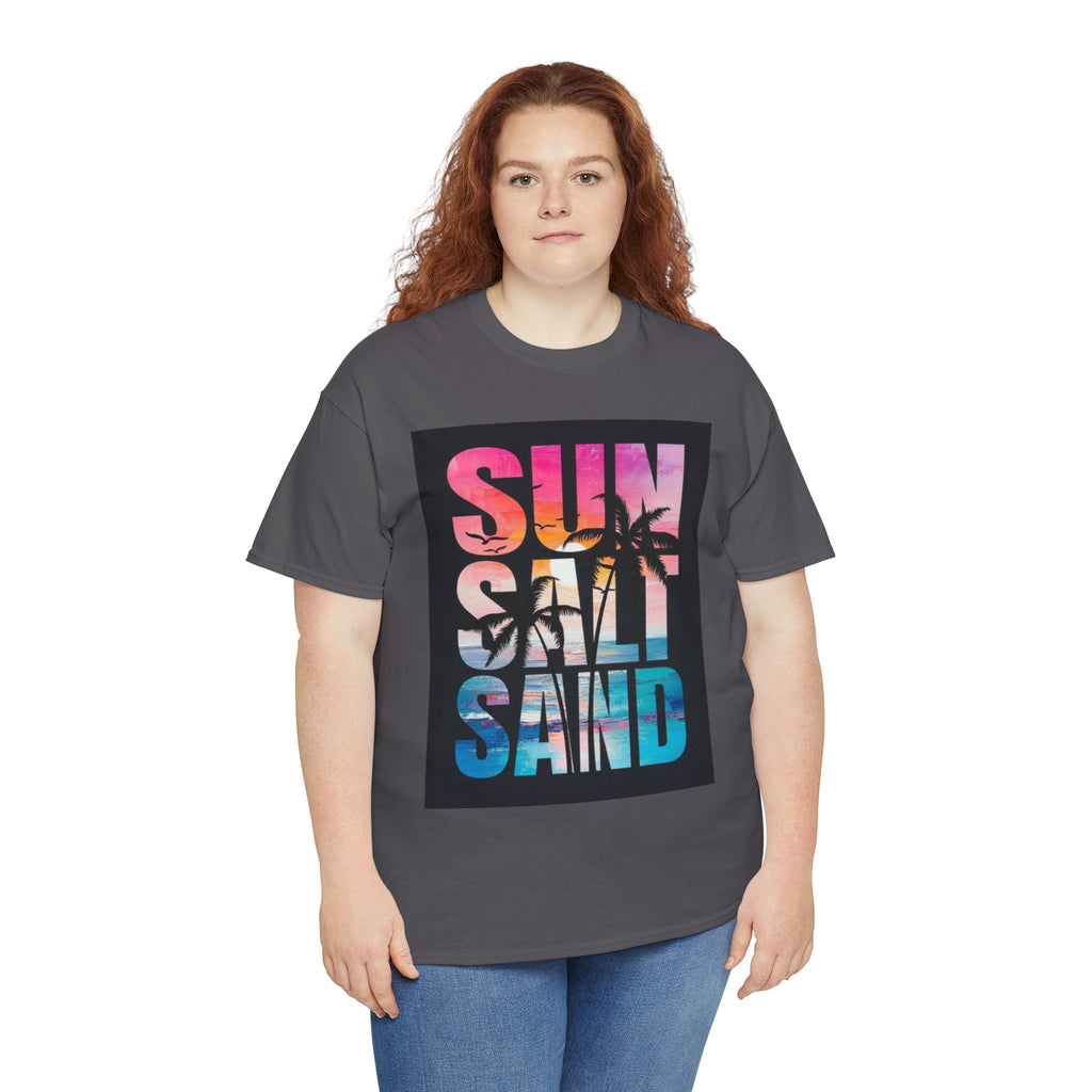 Sun Salt Sand Beach T-Shirt — Tropical Palm Sunset Graphic Tee