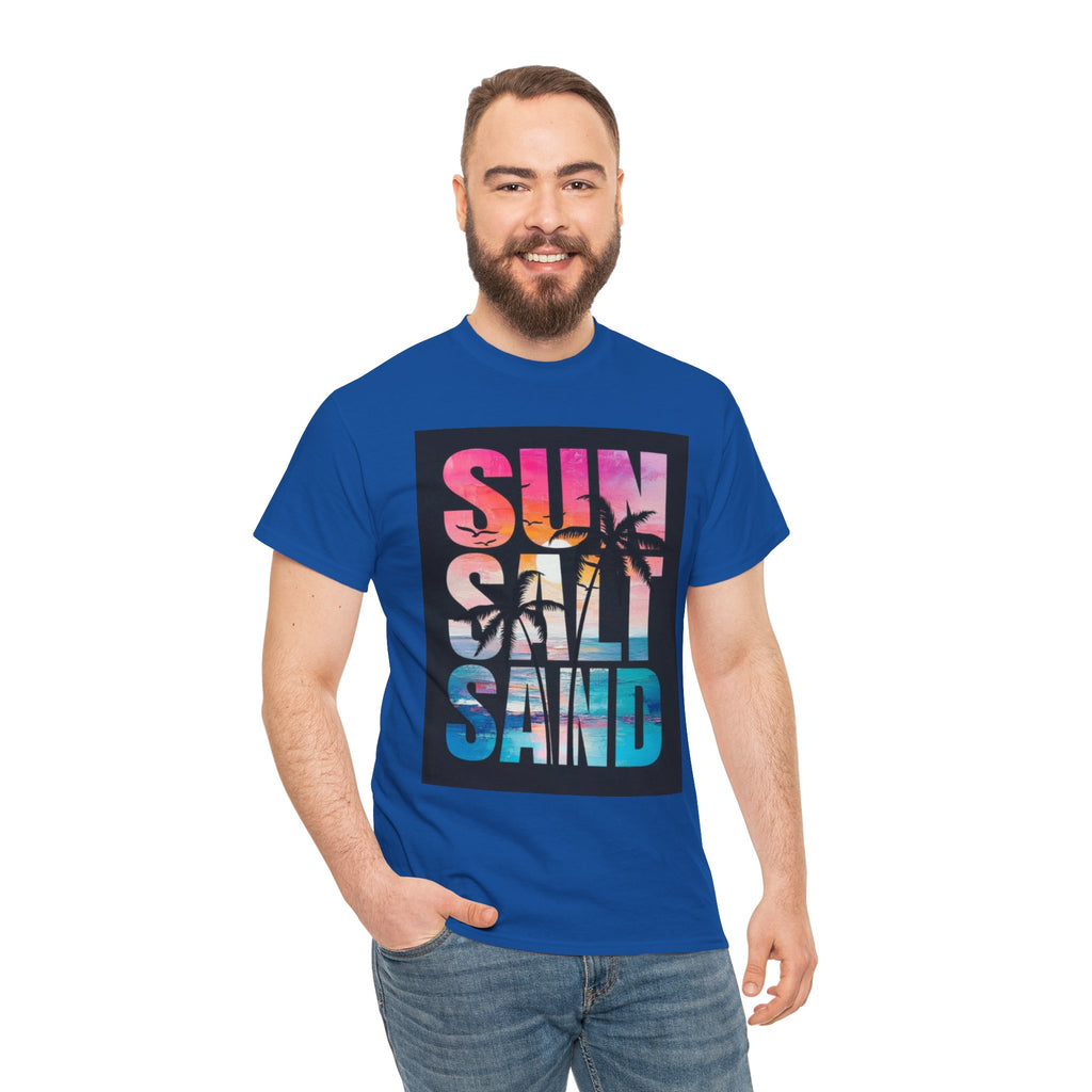 Sun Salt Sand Beach T-Shirt — Tropical Palm Sunset Graphic Tee