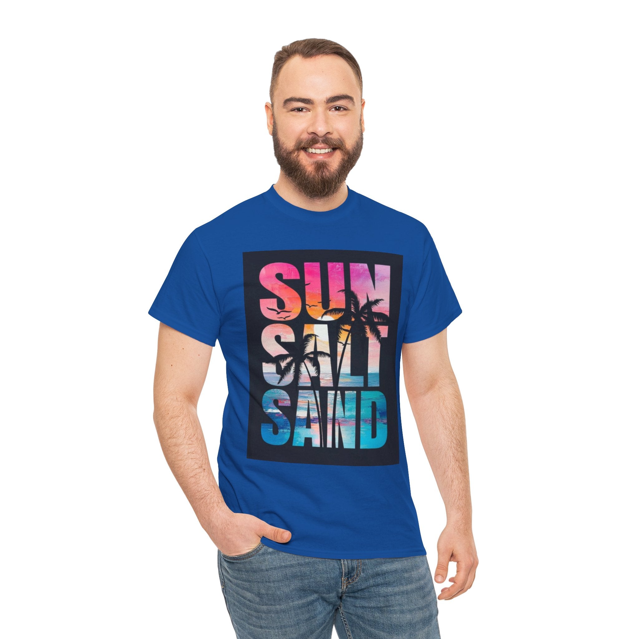 Sun Salt Sand Beach T-Shirt — Tropical Palm Sunset Graphic Tee