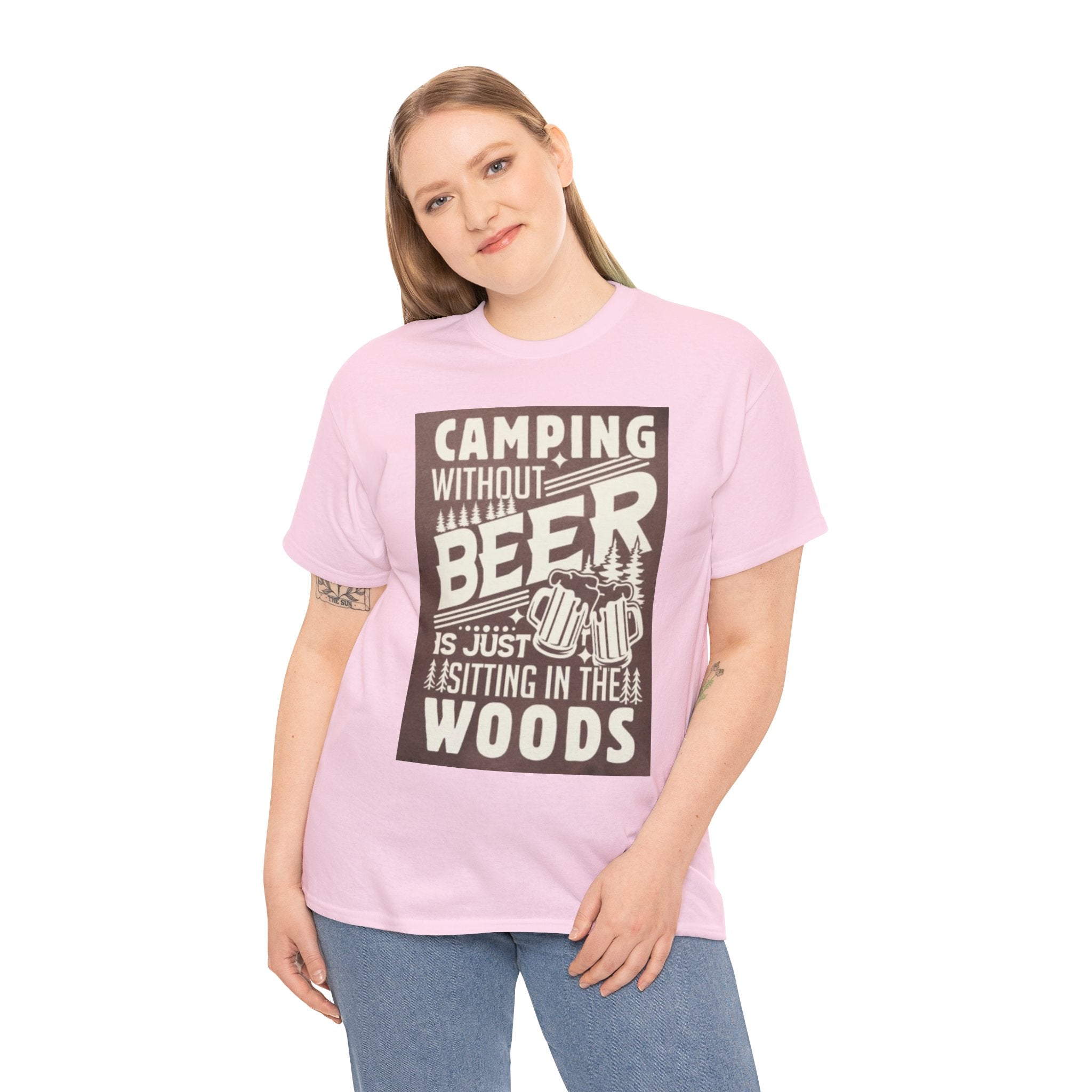 Camping Beer T-Shirt — "Camping Without Beer Is Just Sitting in the Woods" Outdoor Campfire Tee