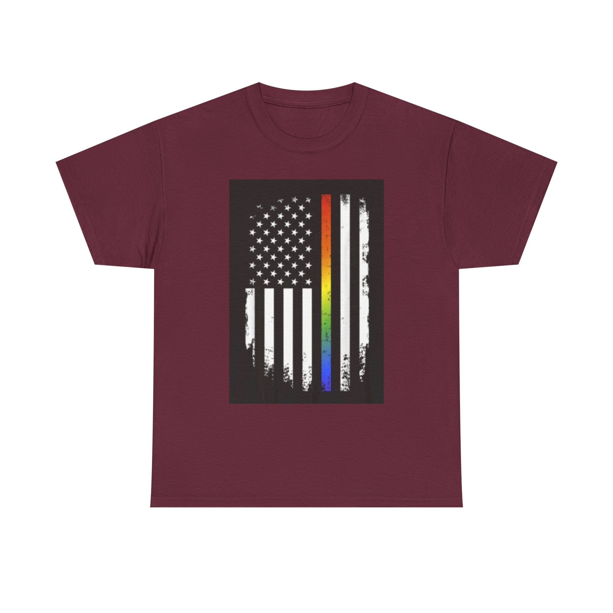 LGBTQ+ Pride Flag T‑Shirt — Distressed American Flag with Rainbow Stripe