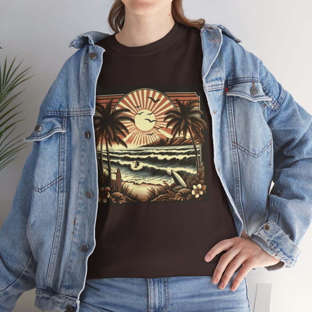 Retro Tropical Beach T-Shirt — Vintage Palm Sunset Graphic Tee