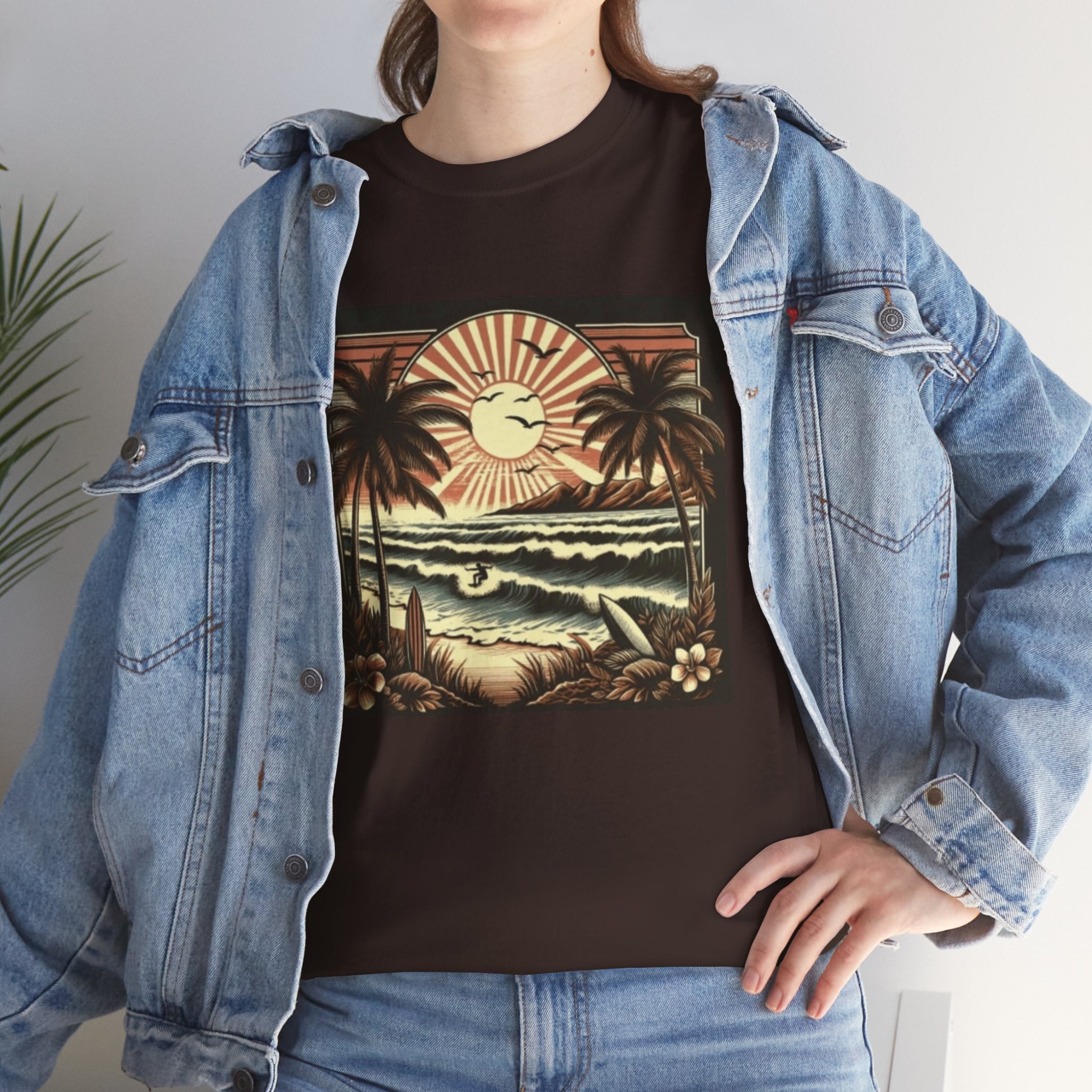 Retro Tropical Beach T-Shirt — Vintage Palm Sunset Graphic Tee