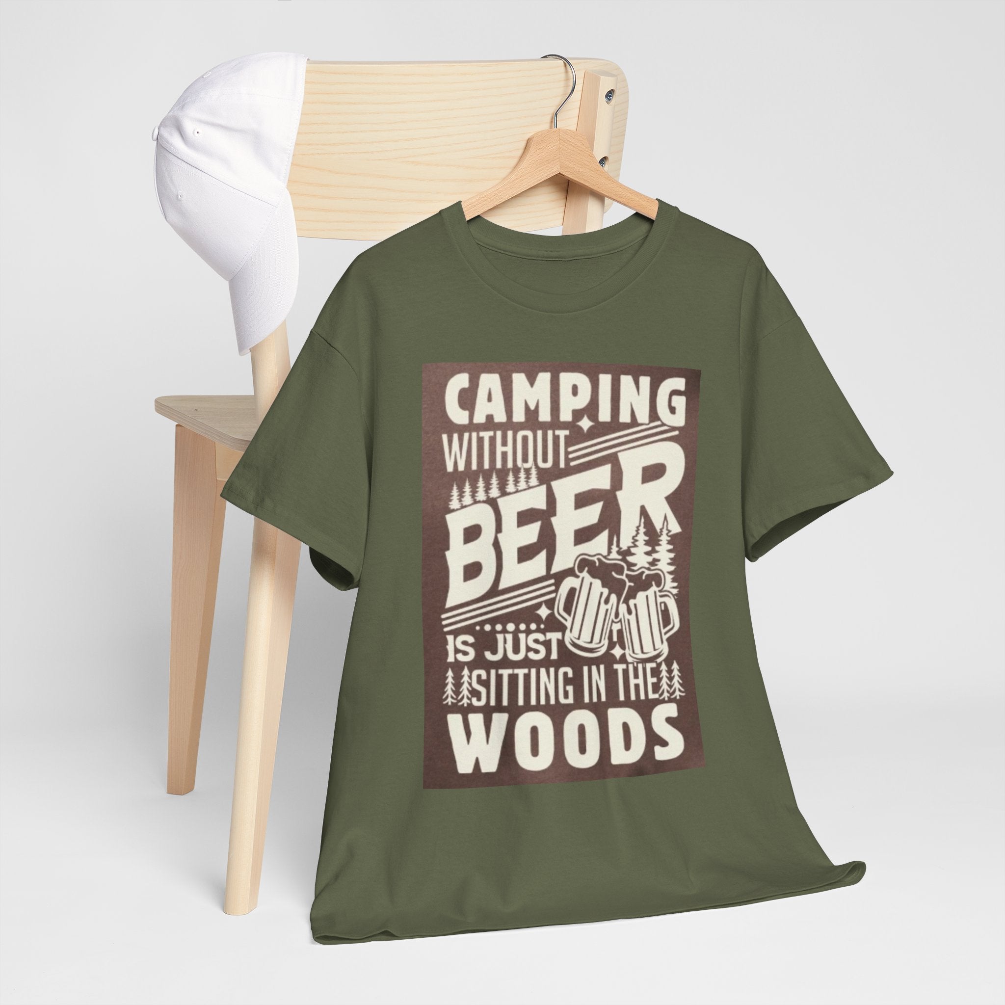 Camping Beer T-Shirt — "Camping Without Beer Is Just Sitting in the Woods" Outdoor Campfire Tee