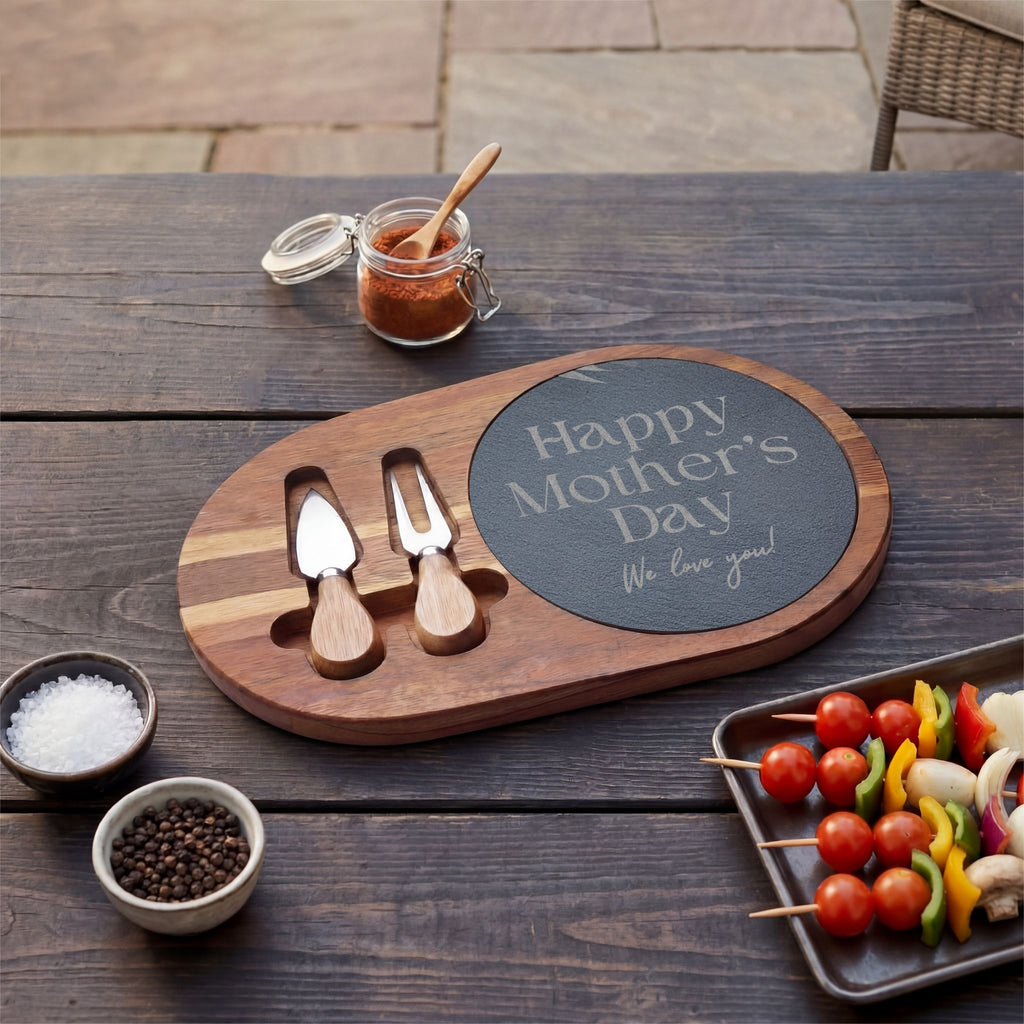 Engraved Mother's Day Charcuterie Board Set — Bamboo Cheese Board with Slate Inlay & Cheese Knives