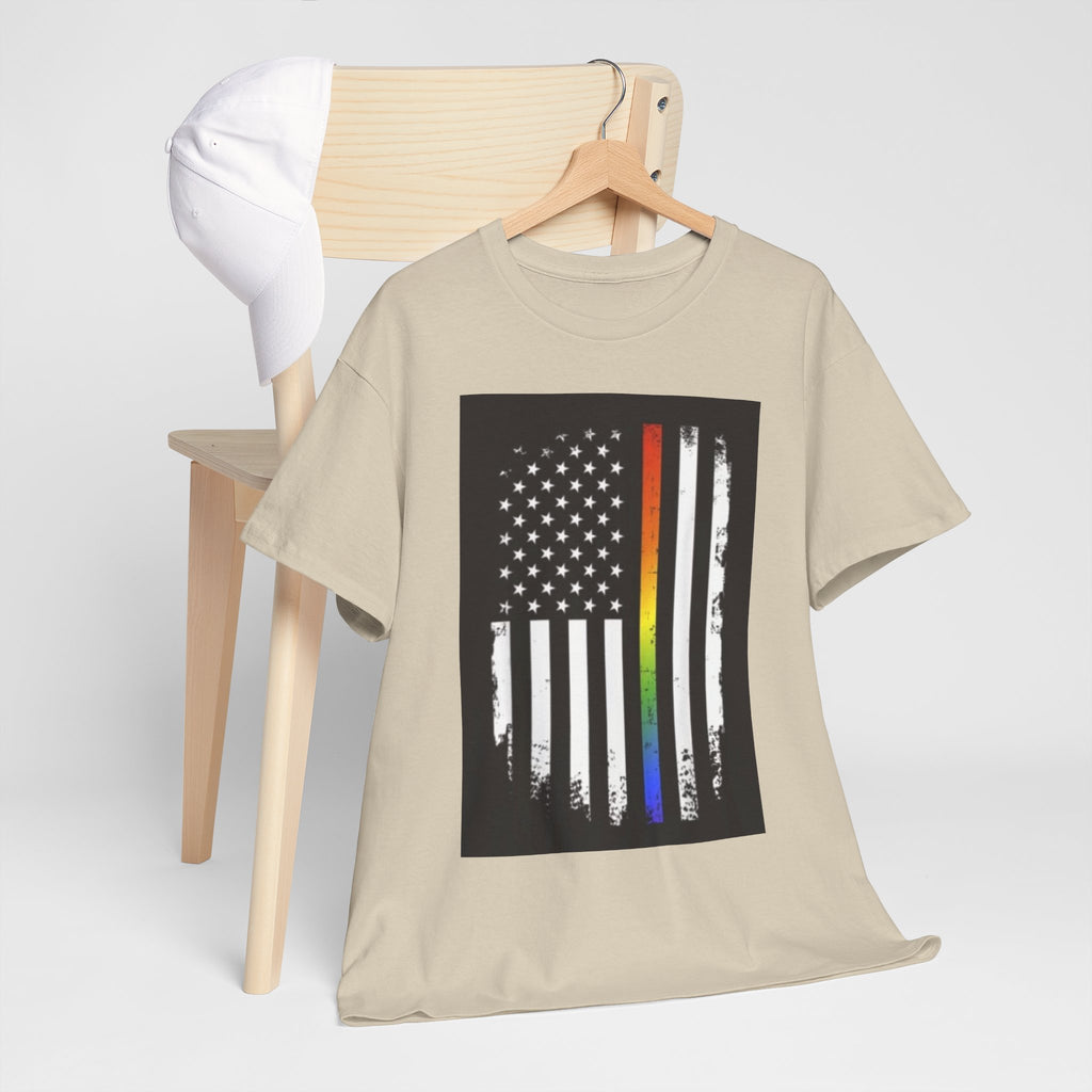 LGBTQ+ Pride Flag T‑Shirt — Distressed American Flag with Rainbow Stripe