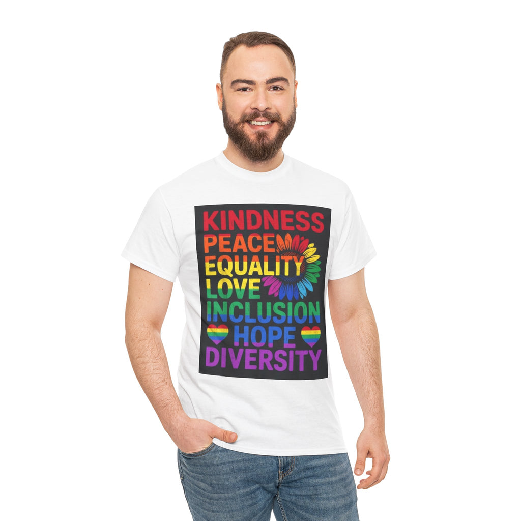 Kindness Peace Equality Rainbow T-Shirt — Pride Inclusion & Diversity Tee