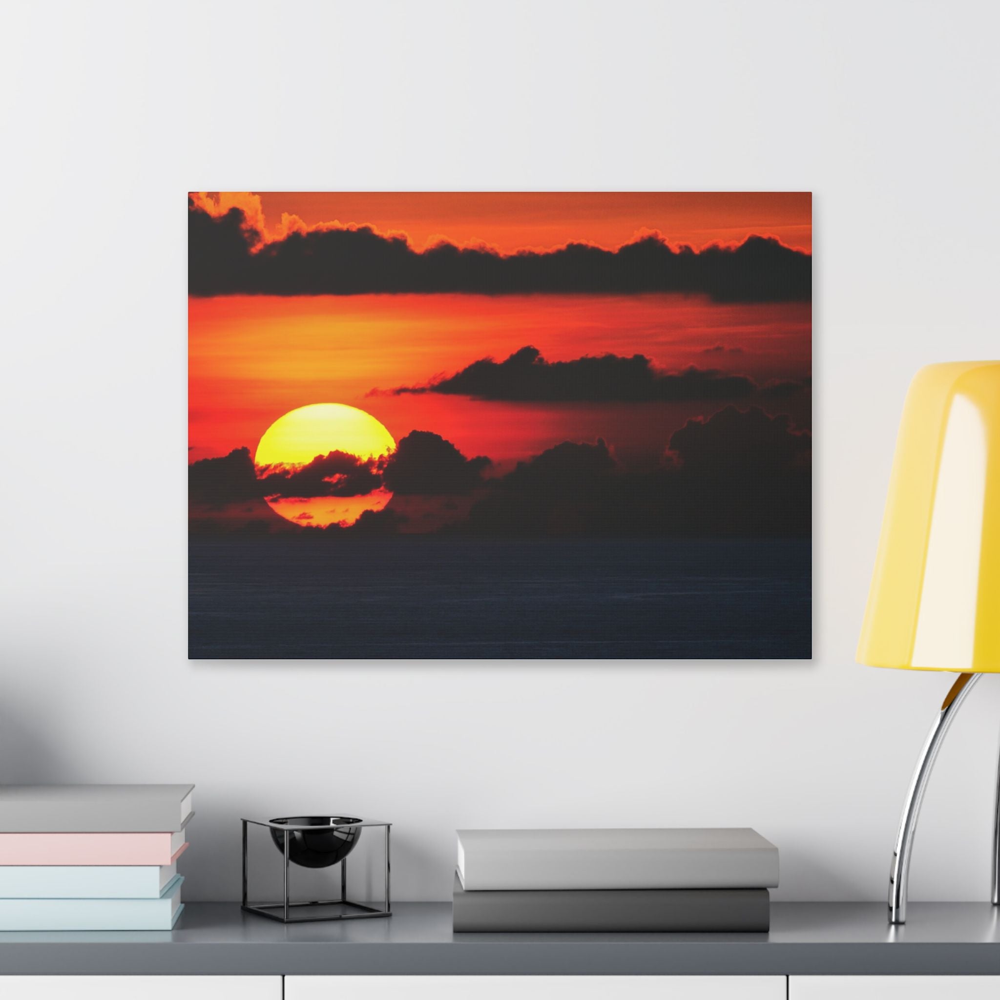 Sunset Ocean Canvas Print — Dramatic Red Sunset Wall Art