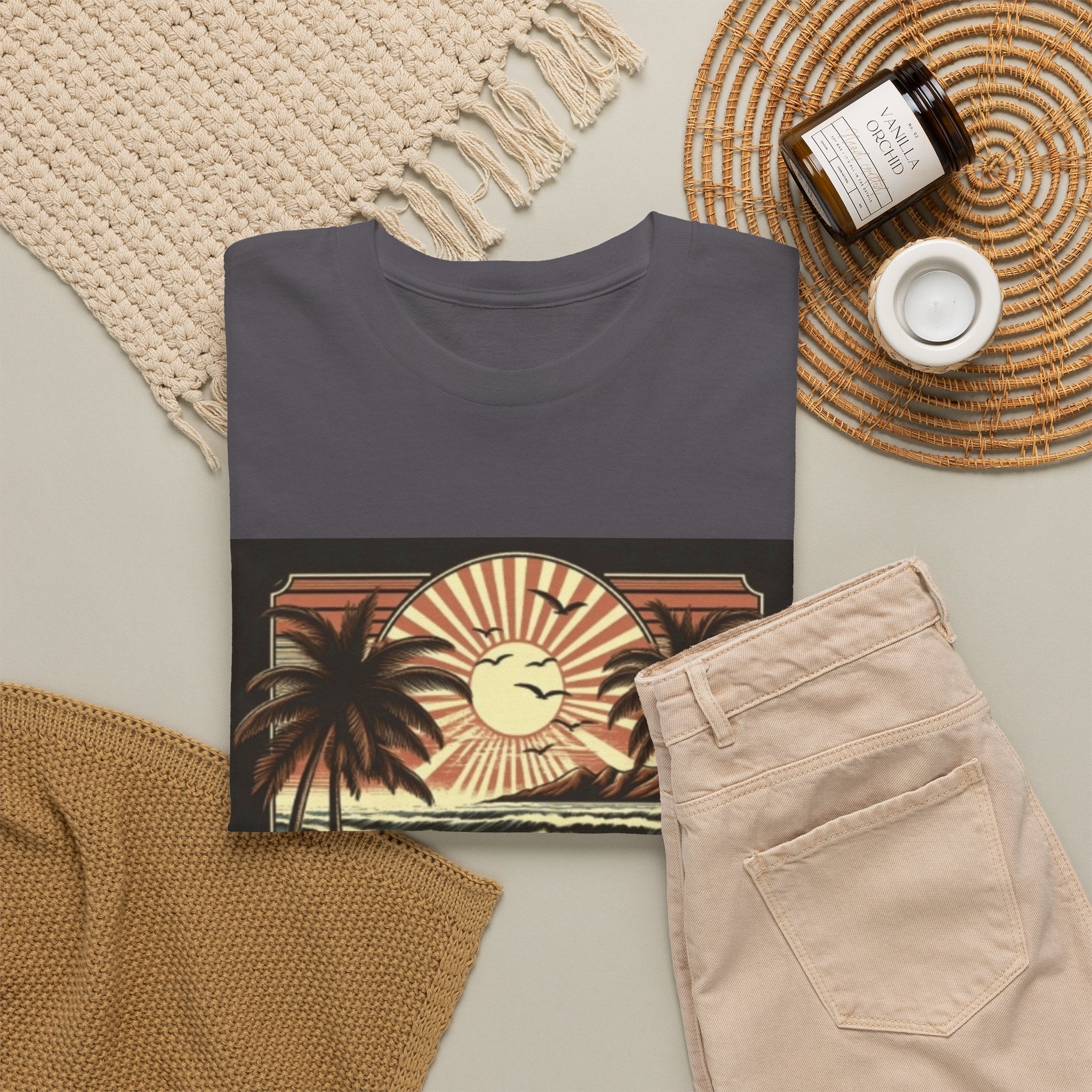 Retro Tropical Beach T-Shirt — Vintage Palm Sunset Graphic Tee