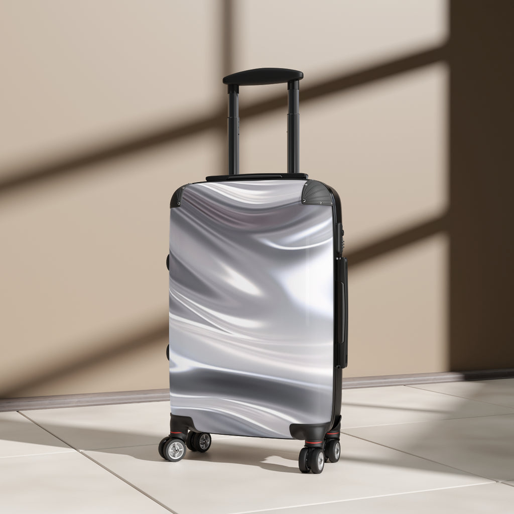Silver Satin Travel Suitcase – Metallic Marble Carry-On Luggage