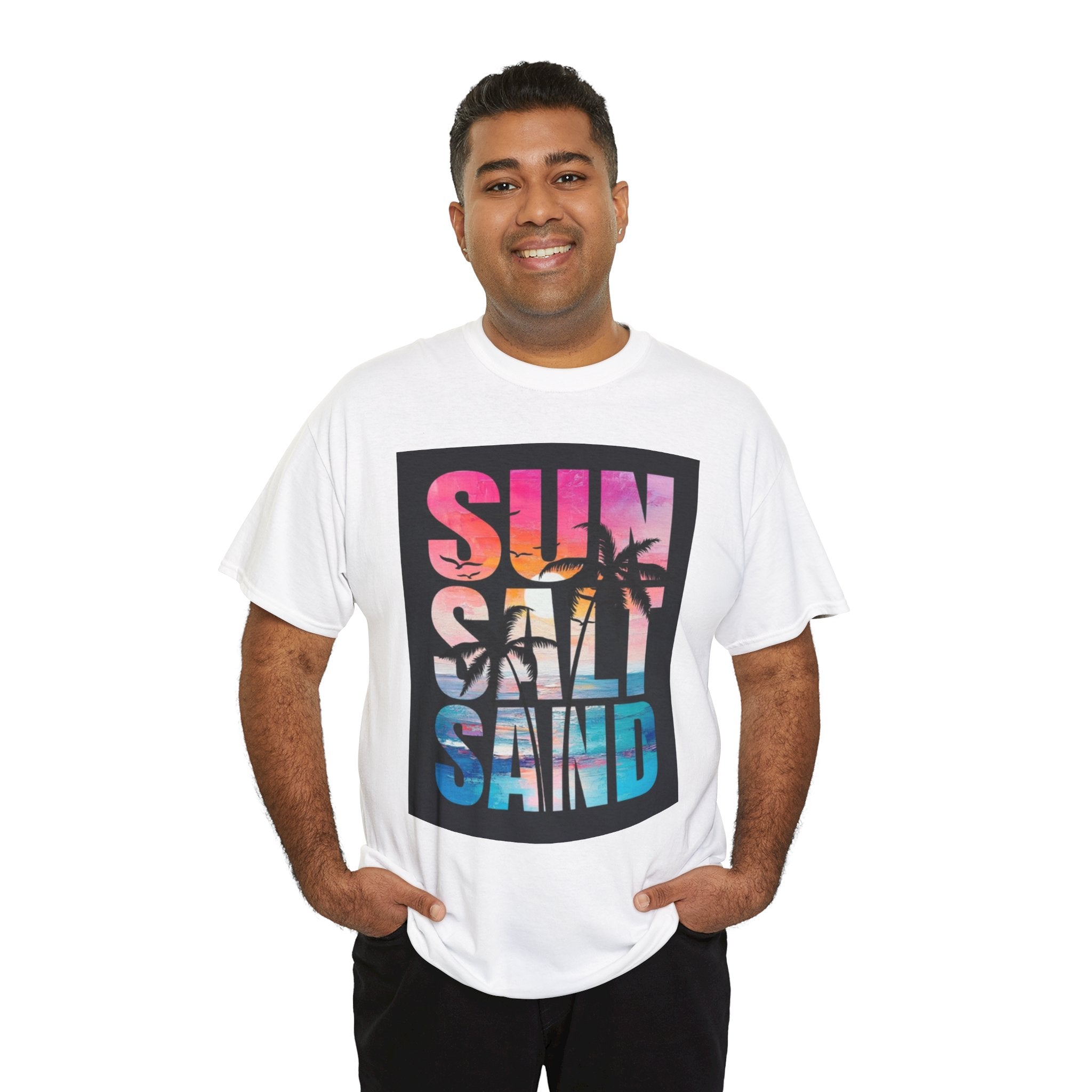 Sun Salt Sand Beach T-Shirt — Tropical Palm Sunset Graphic Tee