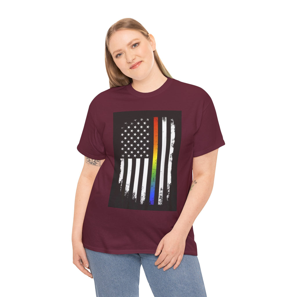 LGBTQ+ Pride Flag T‑Shirt — Distressed American Flag with Rainbow Stripe