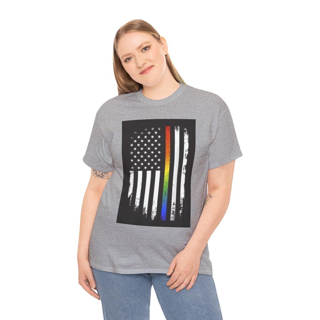 LGBTQ+ Pride Flag T‑Shirt — Distressed American Flag with Rainbow Stripe