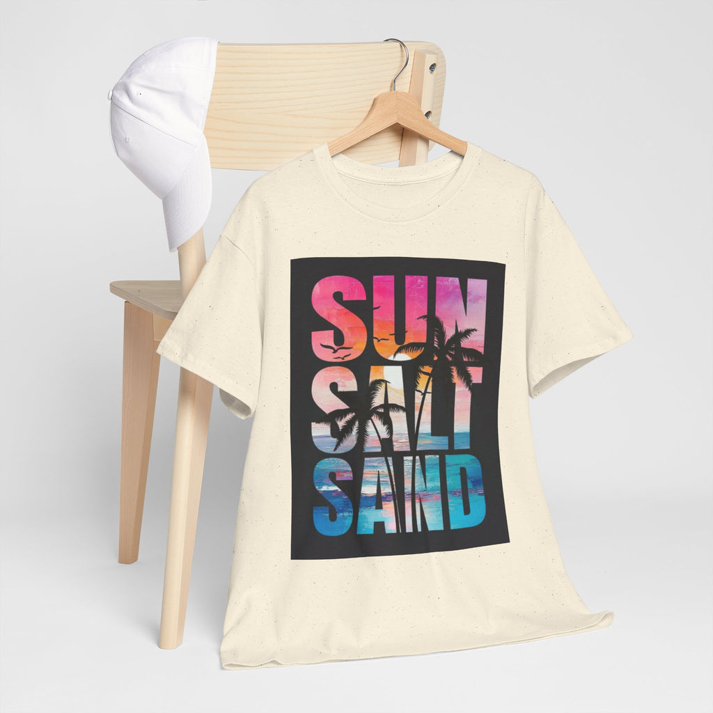 Sun Salt Sand Beach T-Shirt — Tropical Palm Sunset Graphic Tee