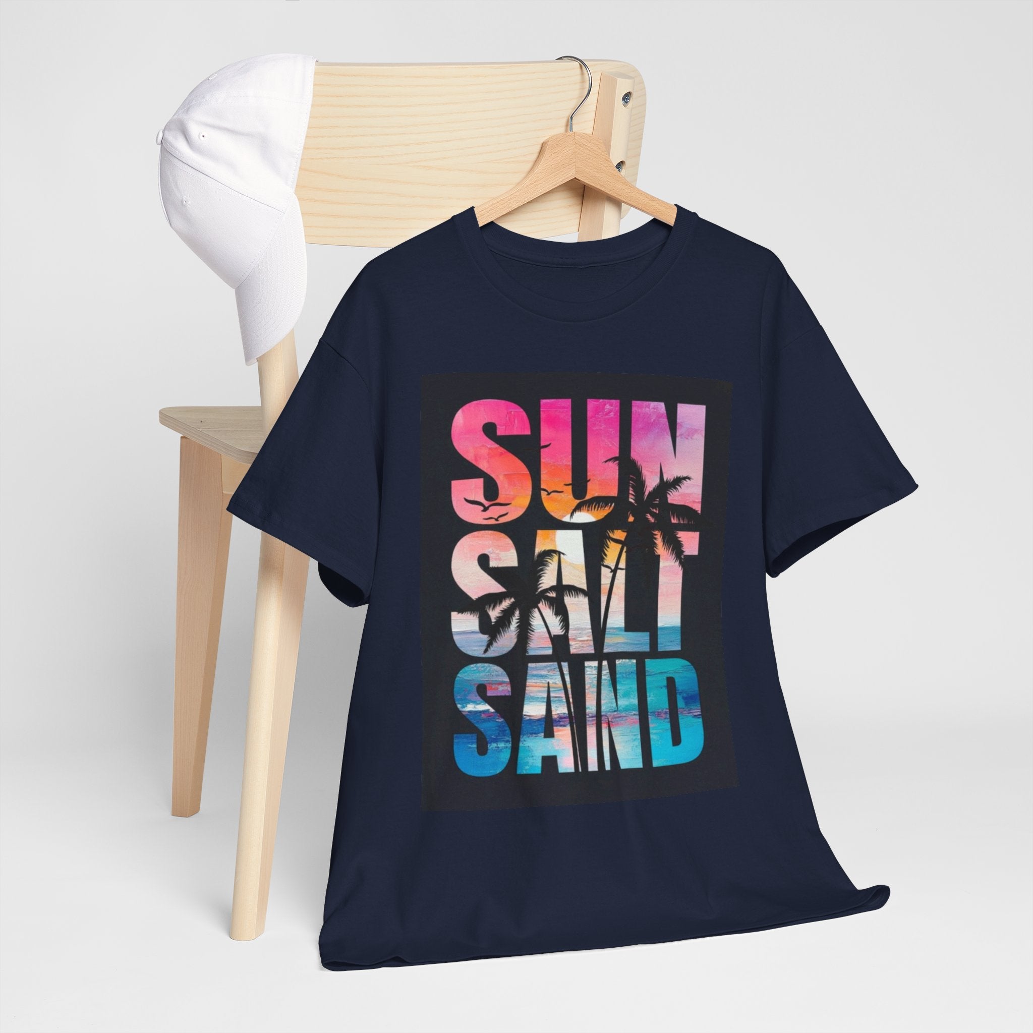 Sun Salt Sand Beach T-Shirt — Tropical Palm Sunset Graphic Tee