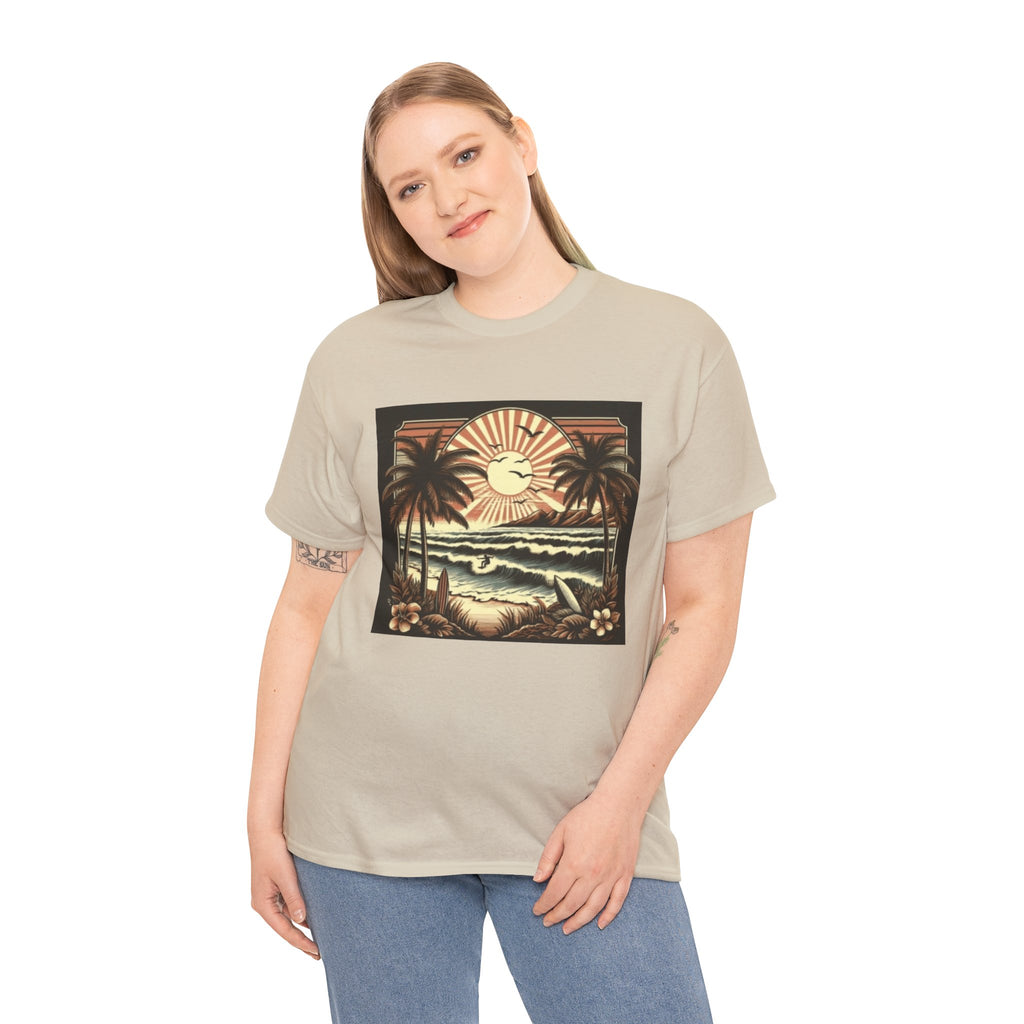 Retro Tropical Beach T-Shirt — Vintage Palm Sunset Graphic Tee