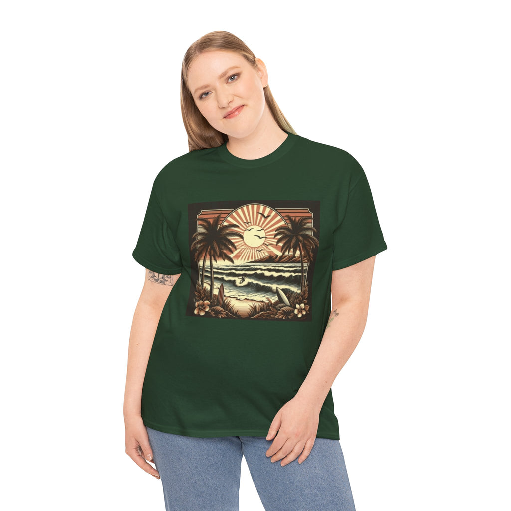 Retro Tropical Beach T-Shirt — Vintage Palm Sunset Graphic Tee