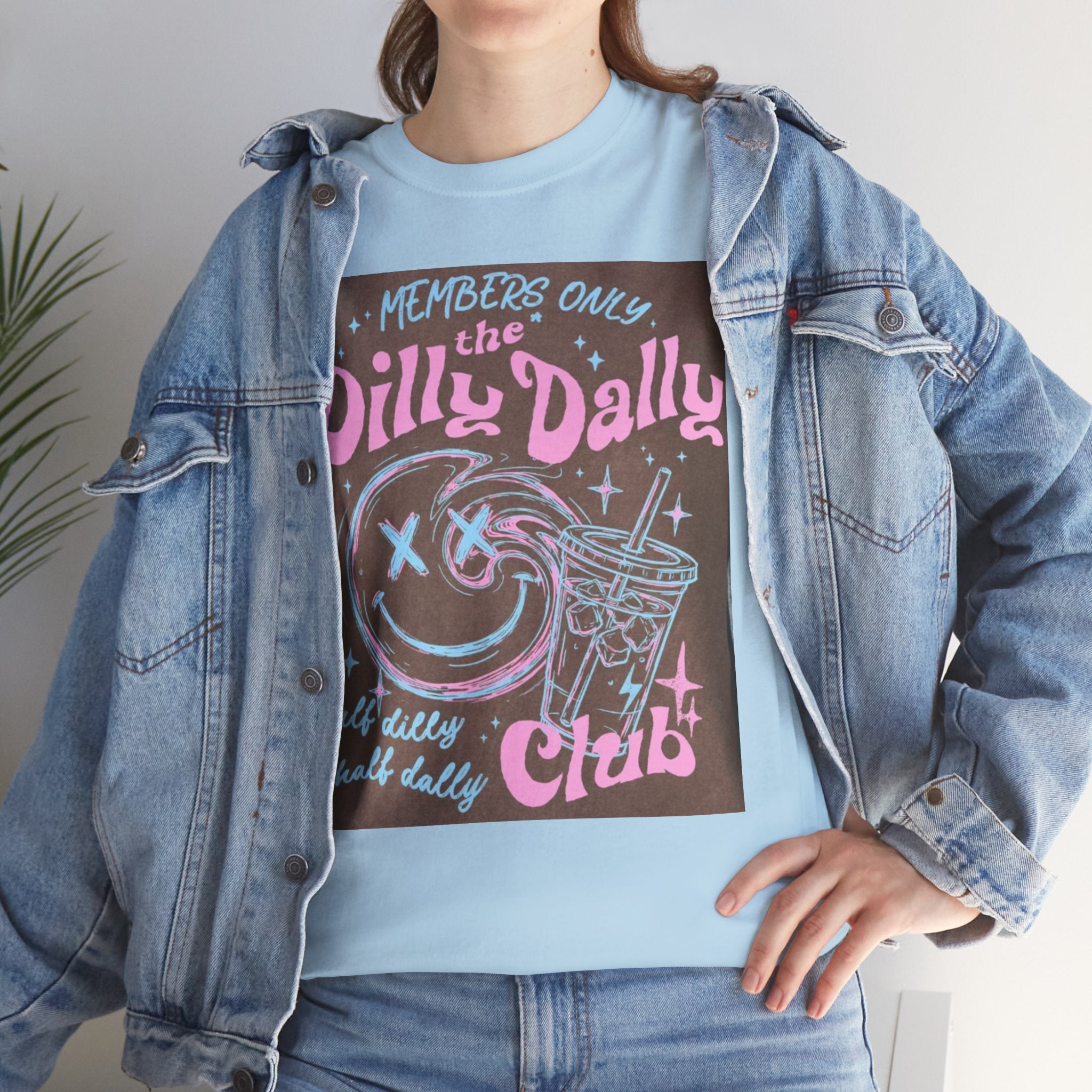 Dilly Dally Club Graphic Tee — Retro Pastel Drink & Moon Design