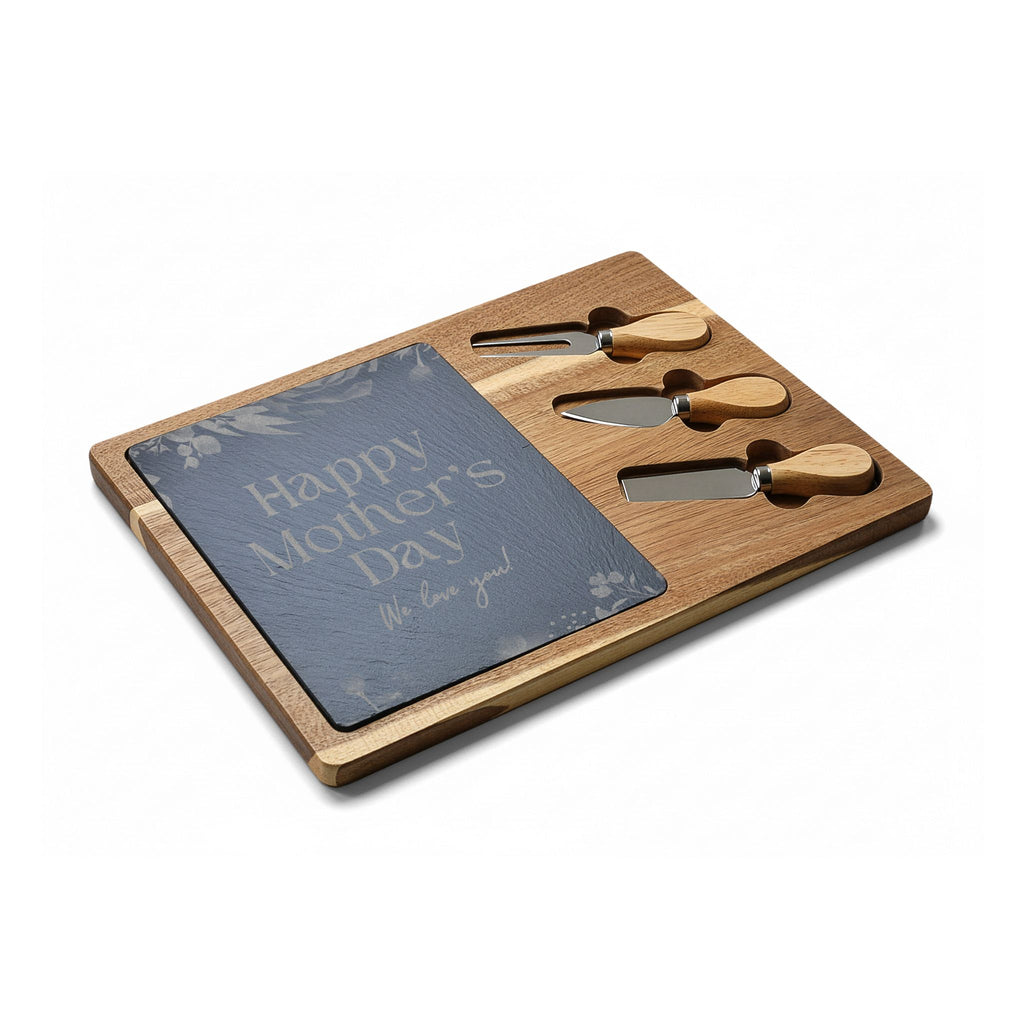 Engraved Mother's Day Charcuterie Board Set — Bamboo Cheese Board with Slate Inlay & Cheese Knives