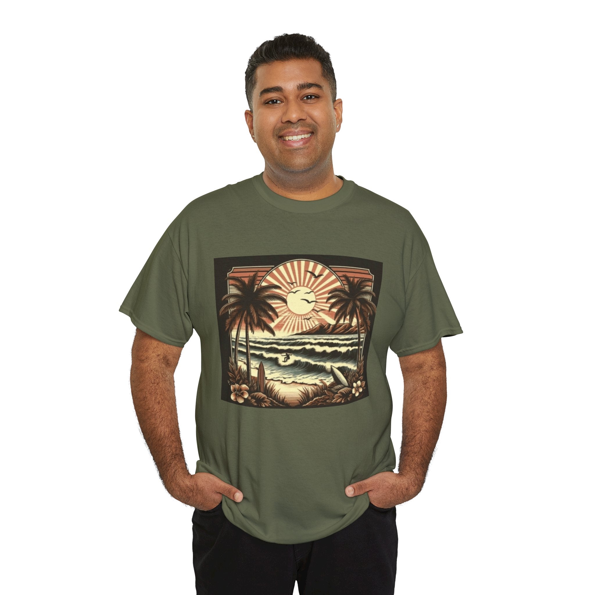 Retro Tropical Beach T-Shirt — Vintage Palm Sunset Graphic Tee